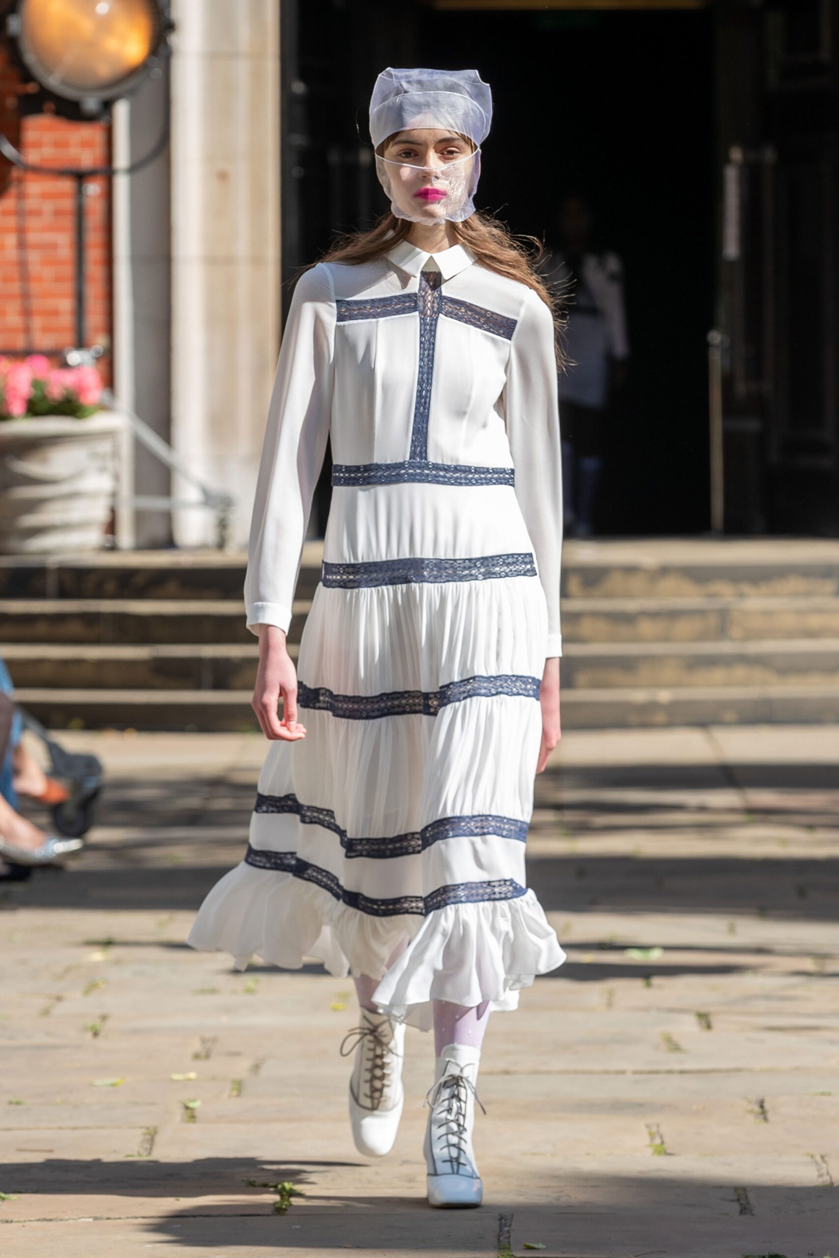 white lace-trim tiered maxi dress