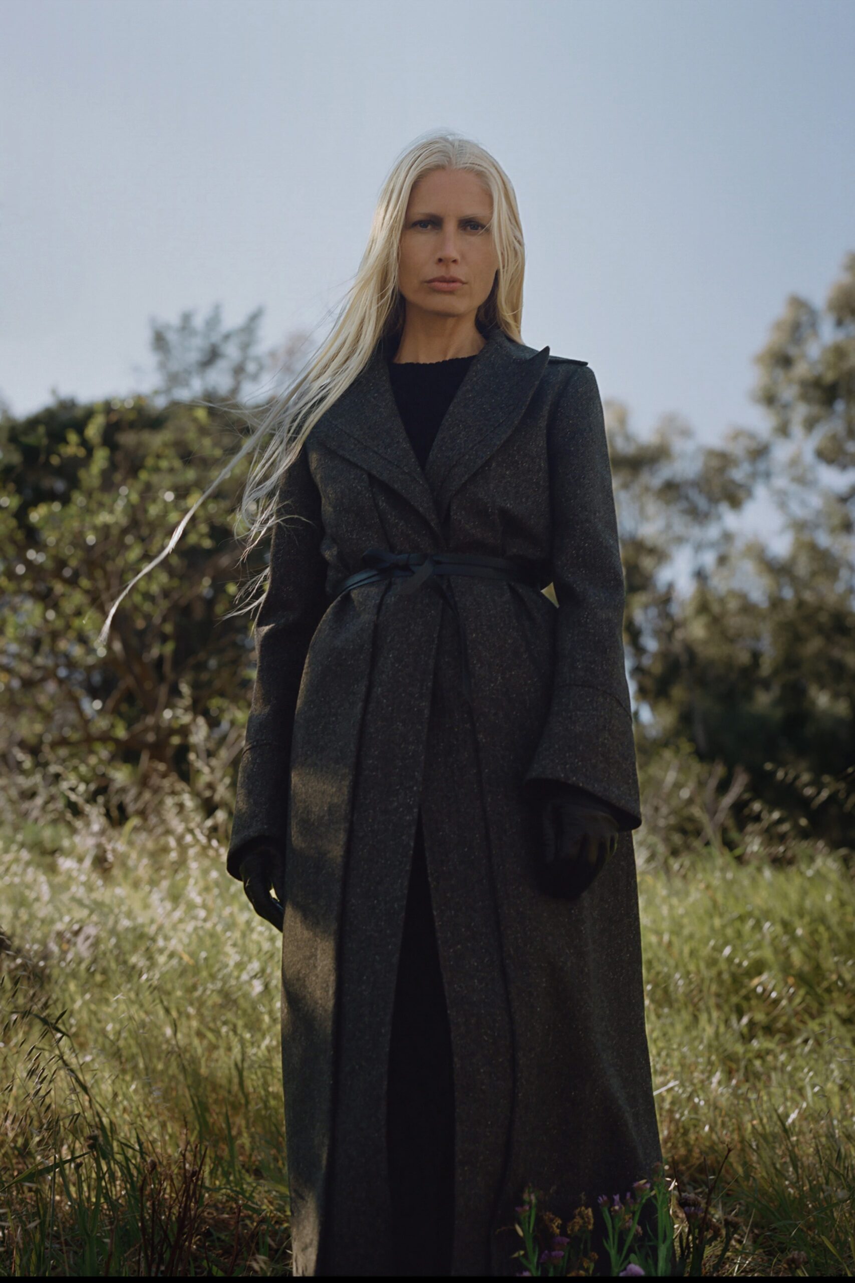 gray belted wool coat