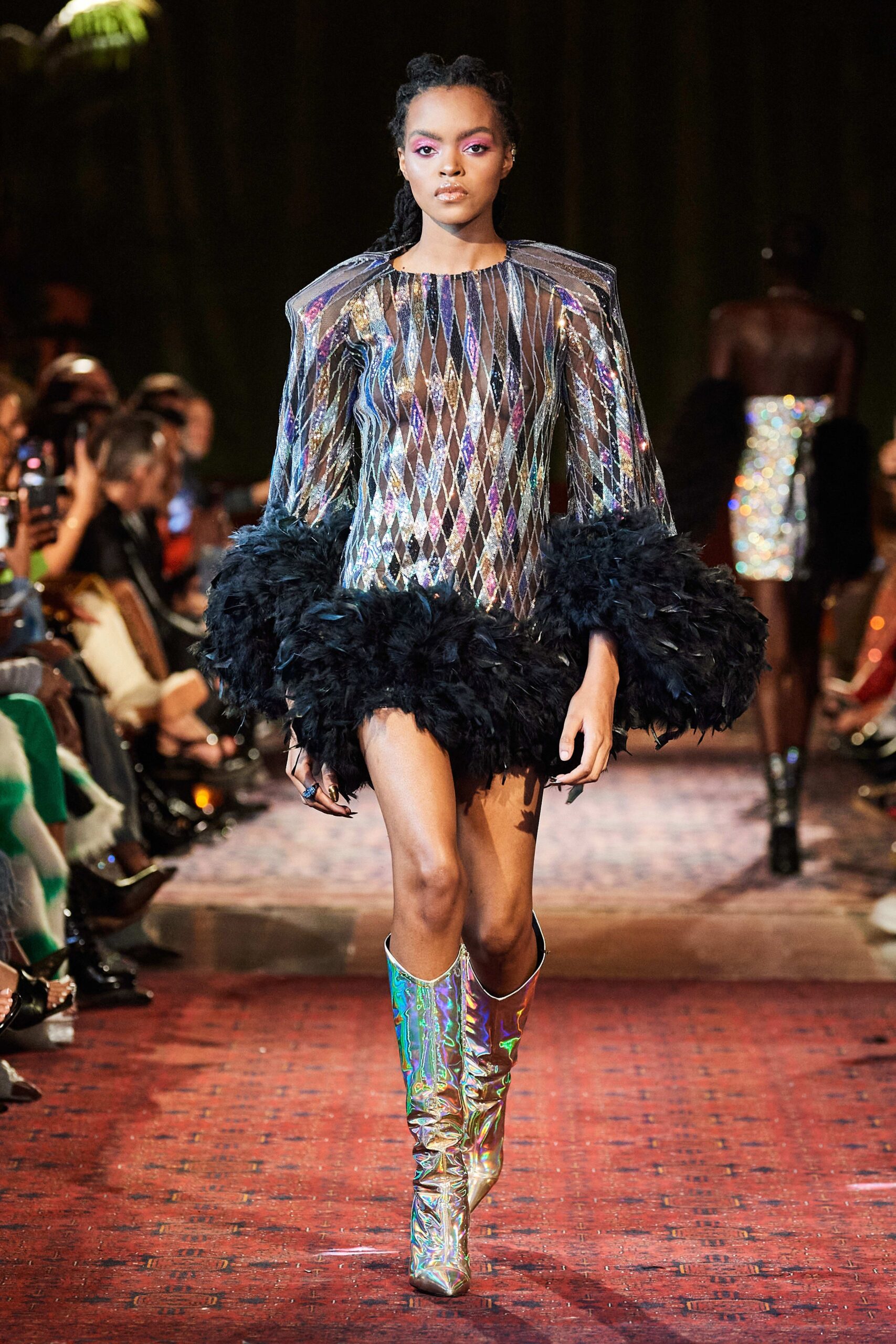 sheer sequined feather-trim mini dress