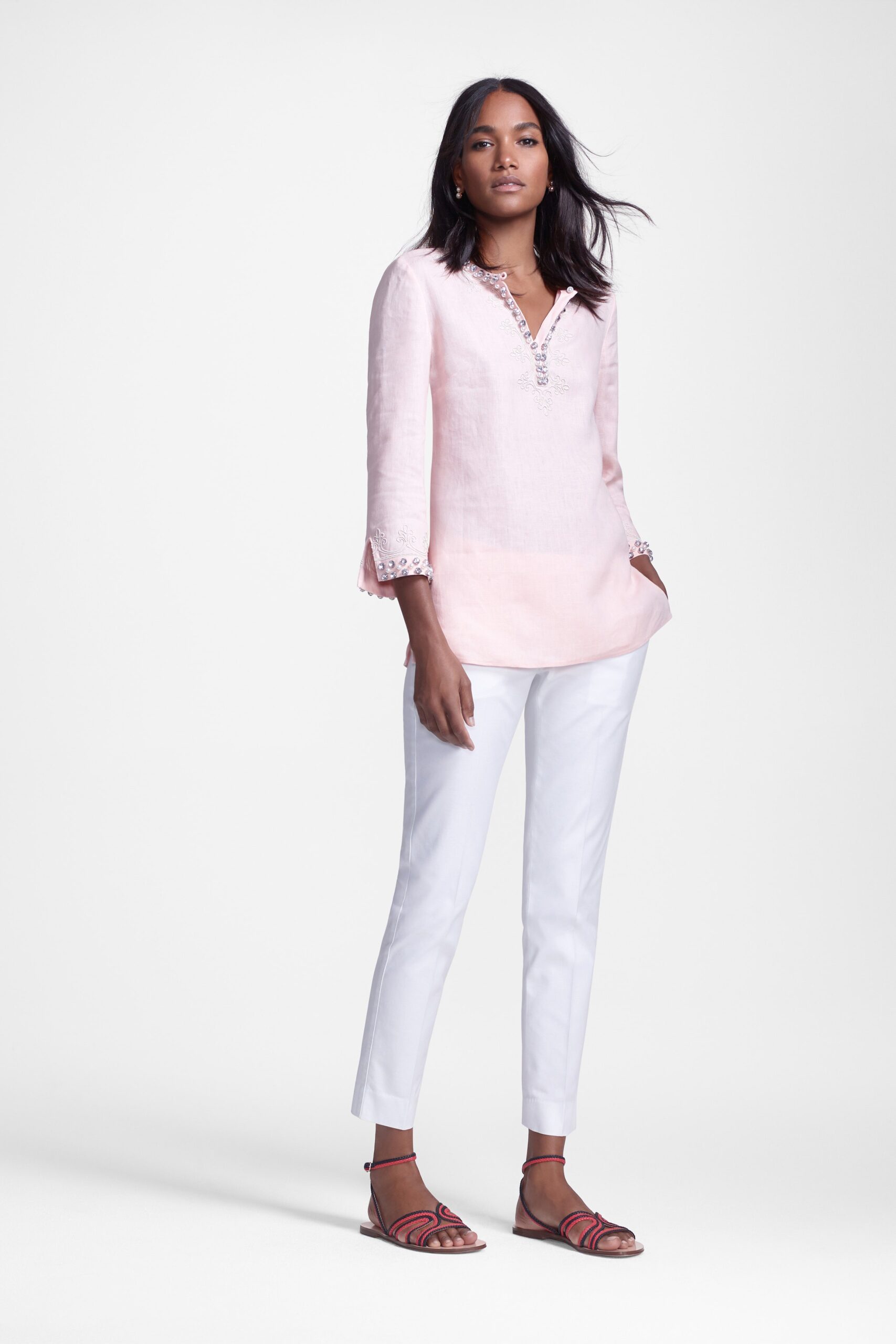 pink embroidered linen tunic top