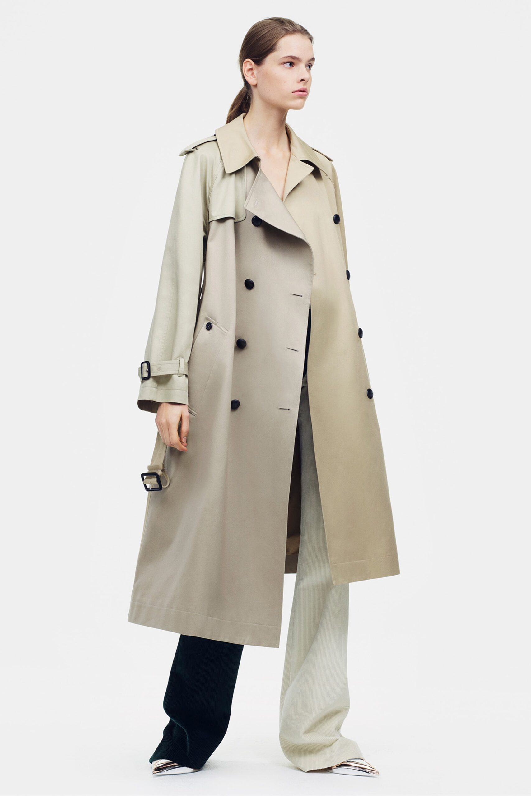 beige unknown long-sleeve collared relaxed buttoned buckled trench