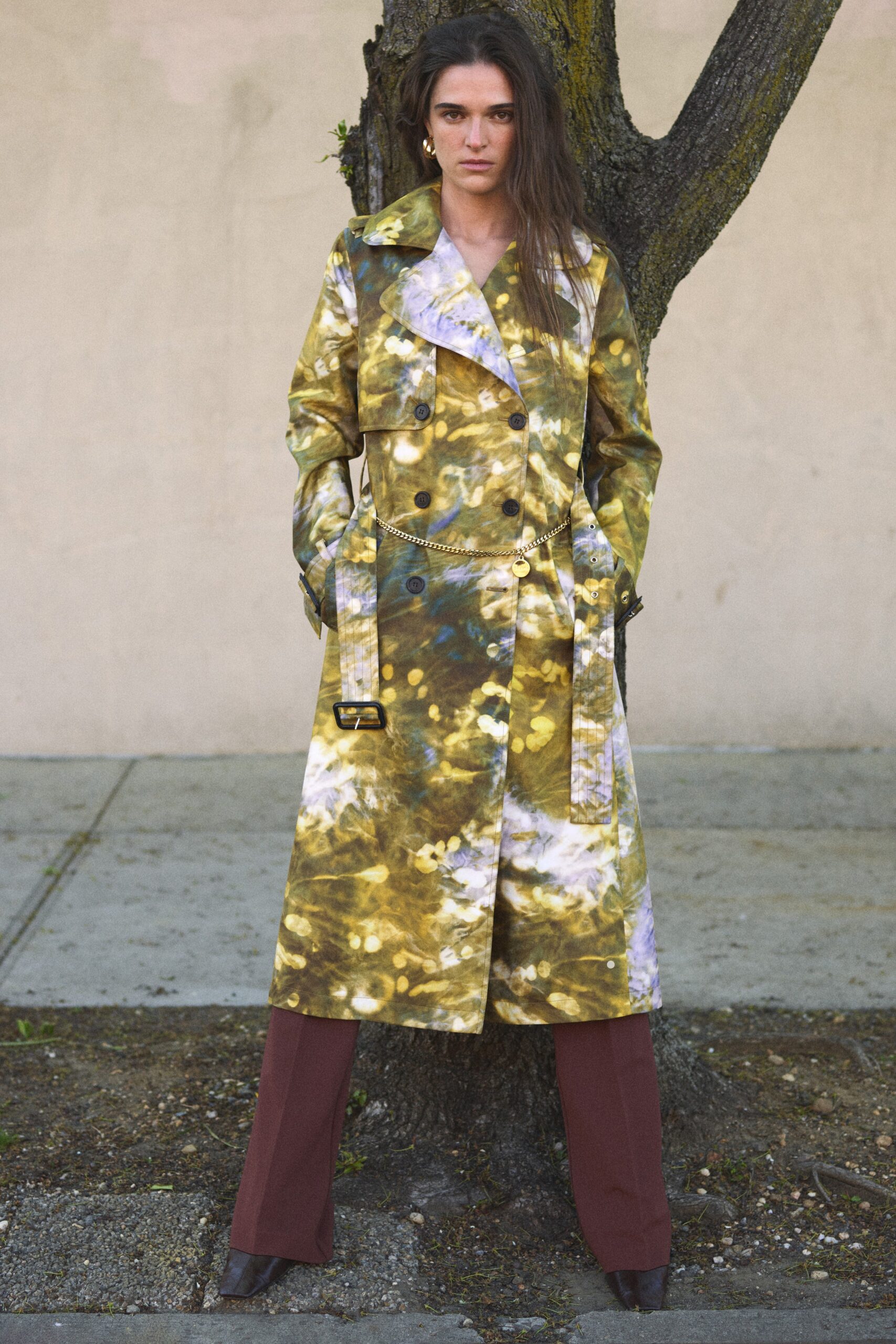 printed double-breasted trench coat