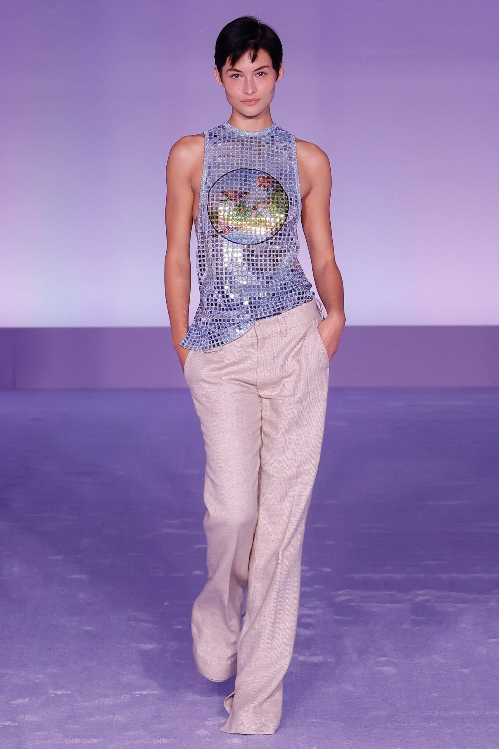 blue sequin sleeveless high-neck fitted printed embellished top