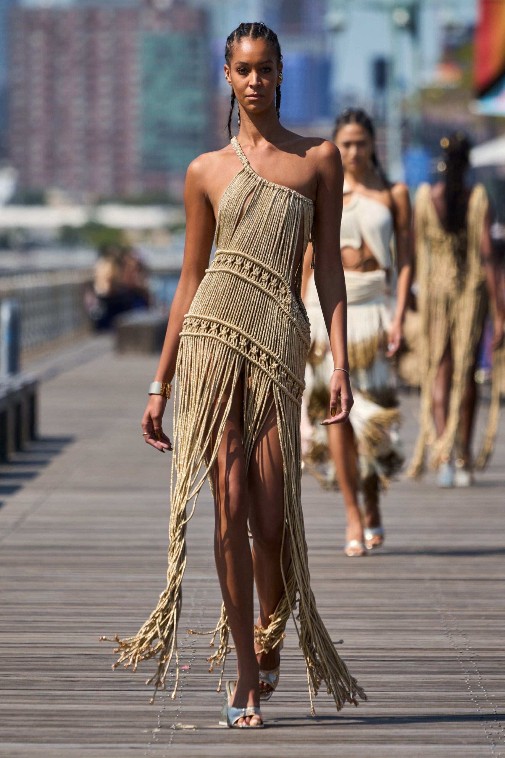 gold metallic asymmetric sleeveless fitted fringed openwork dress