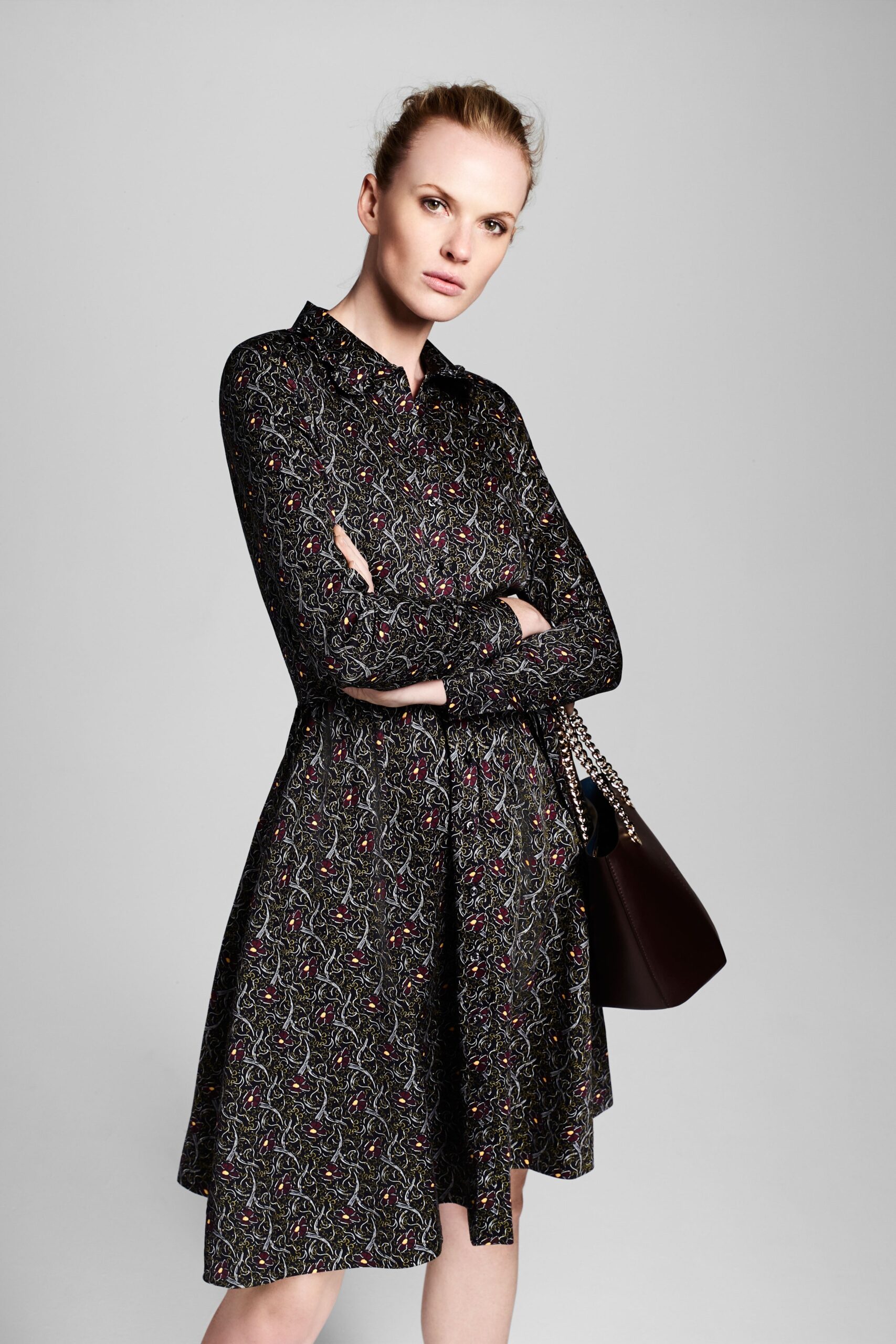 printed long-sleeve collared dress