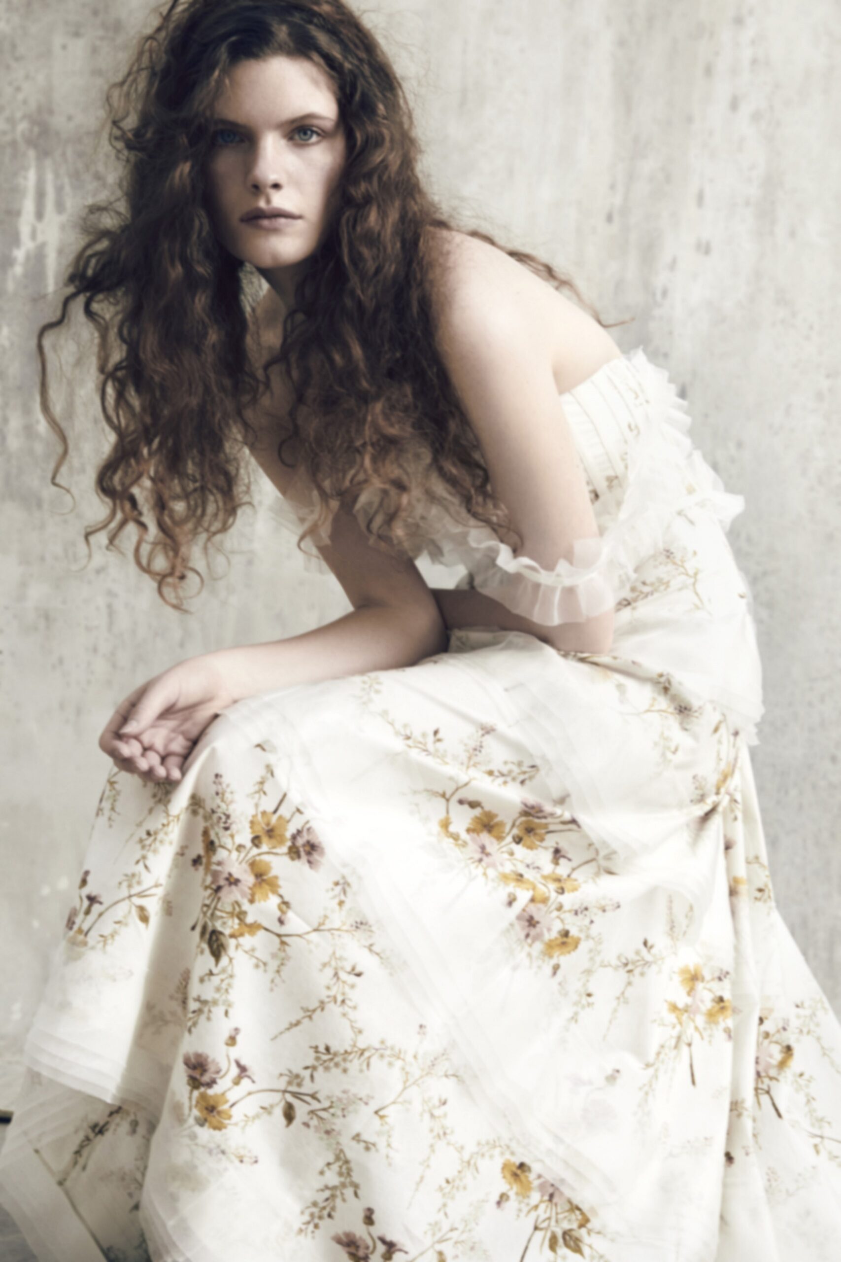 ivory floral ruffled off-shoulder gown