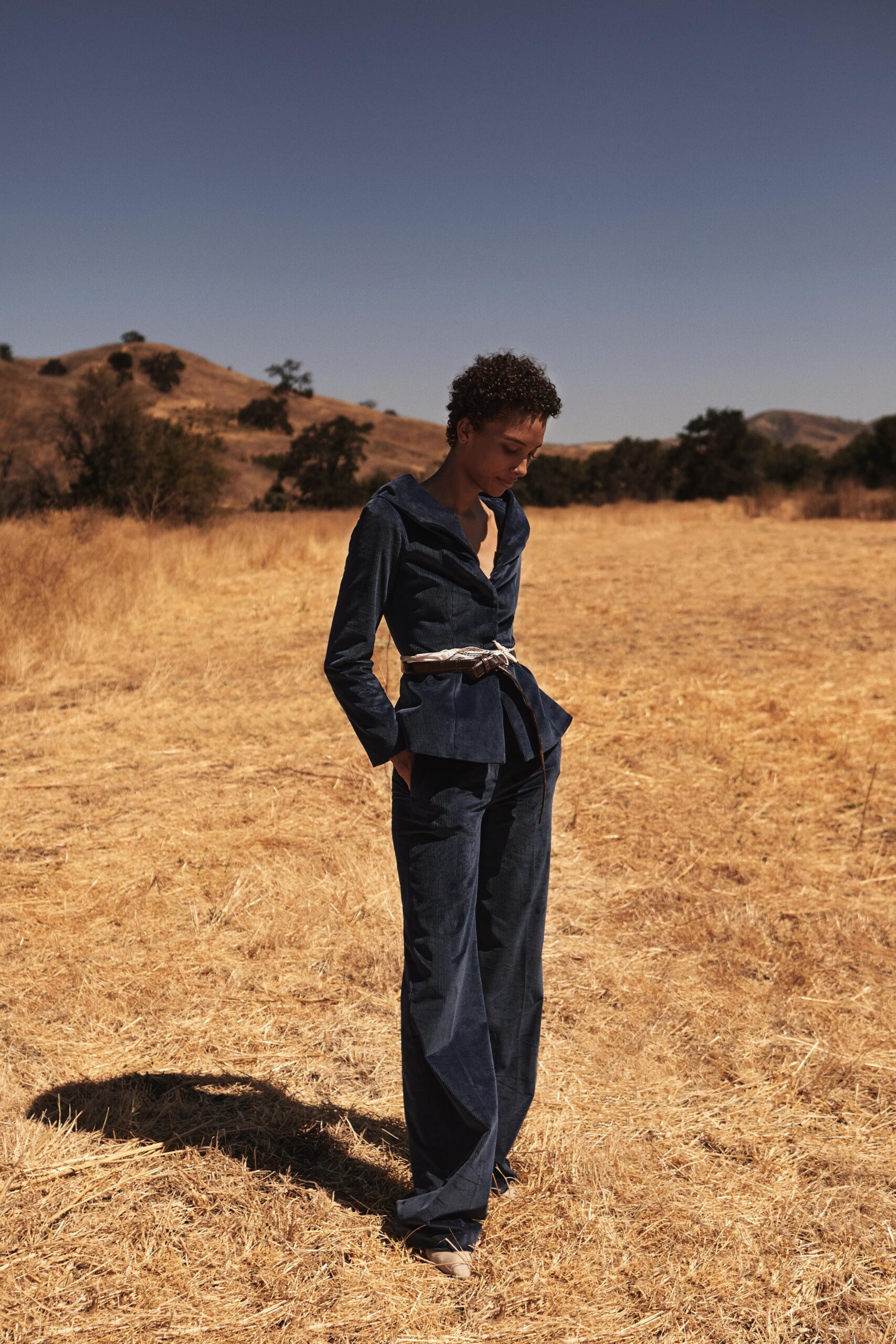 blue hooded belted jacket