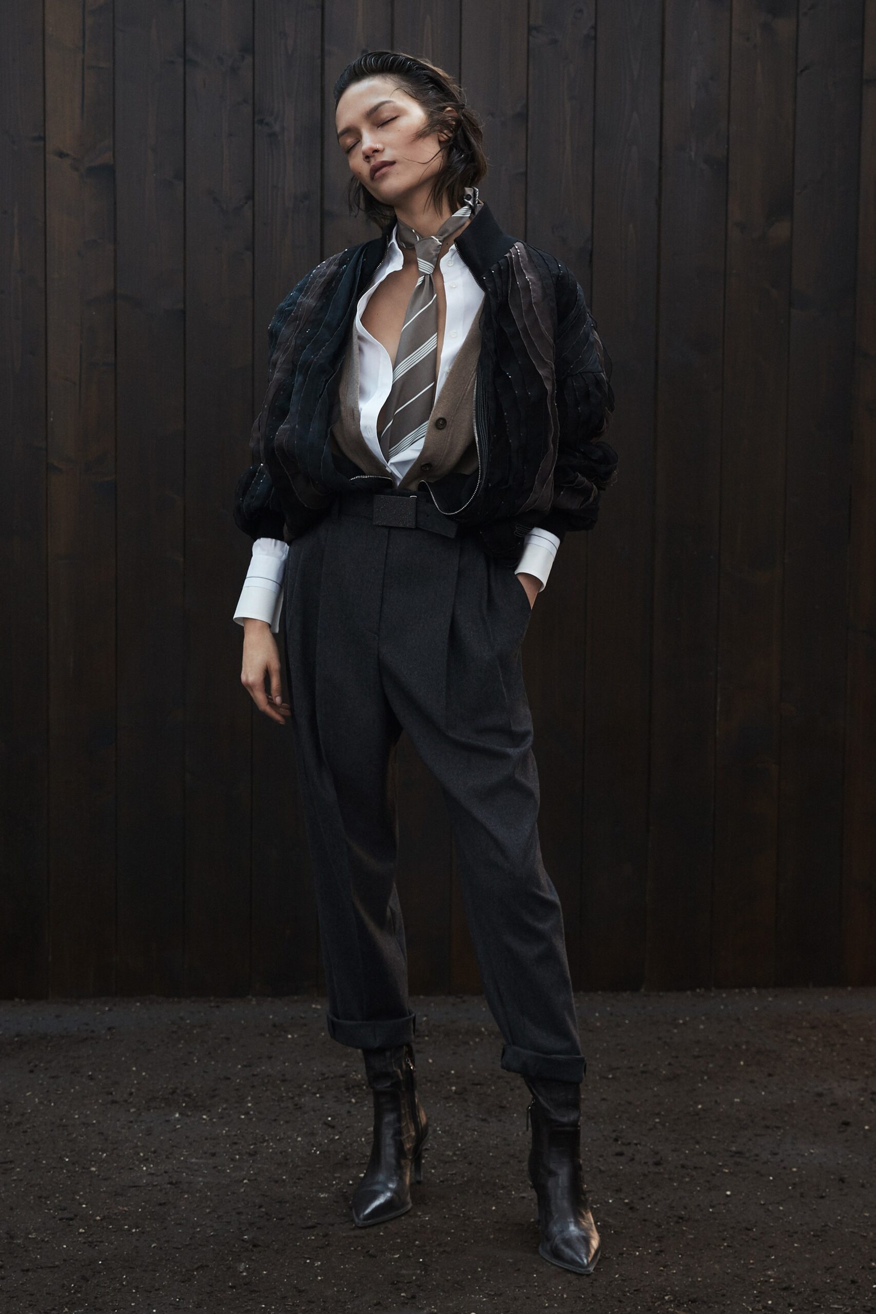 brown silk striped shiny tie