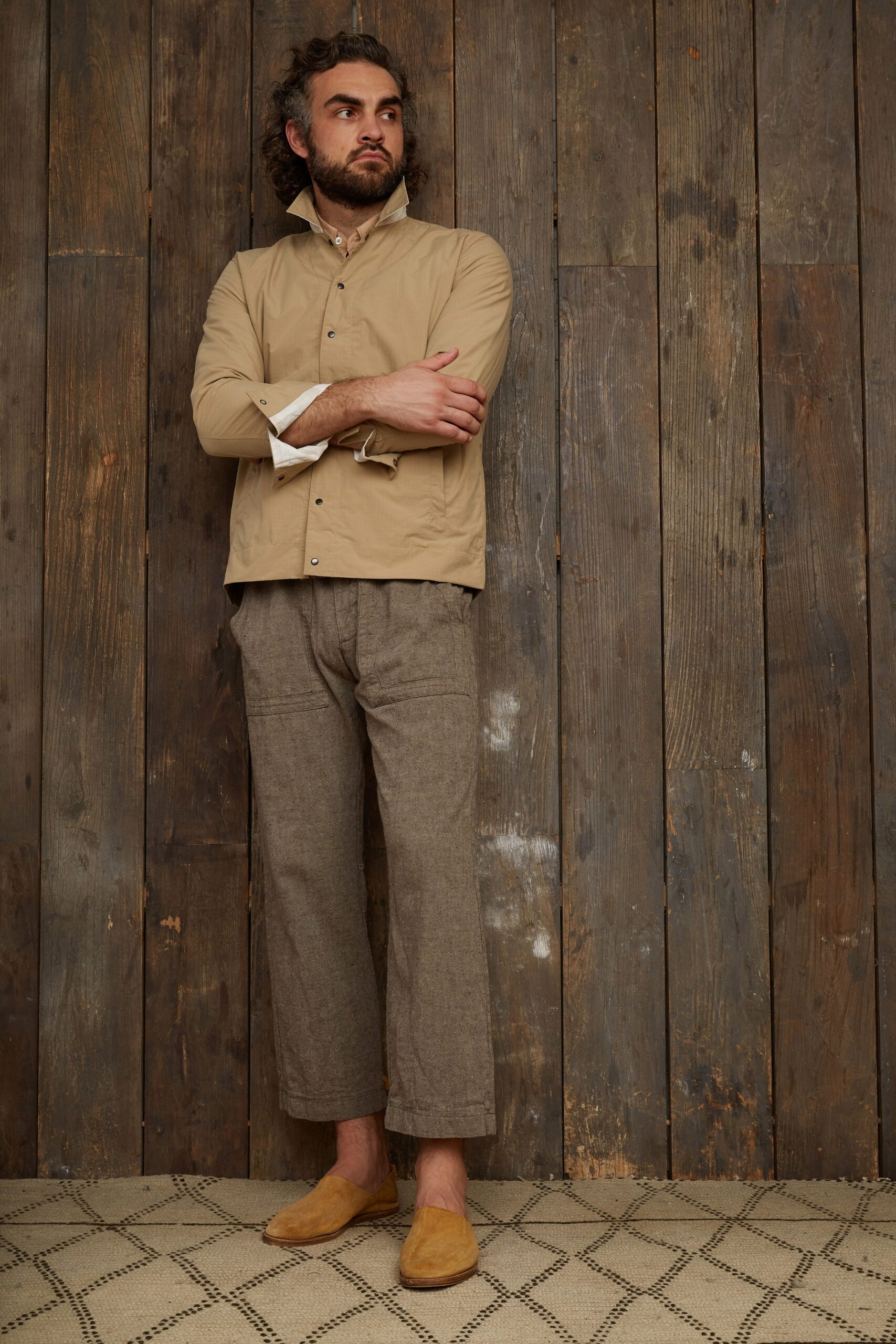 beige collared buttoned jacket