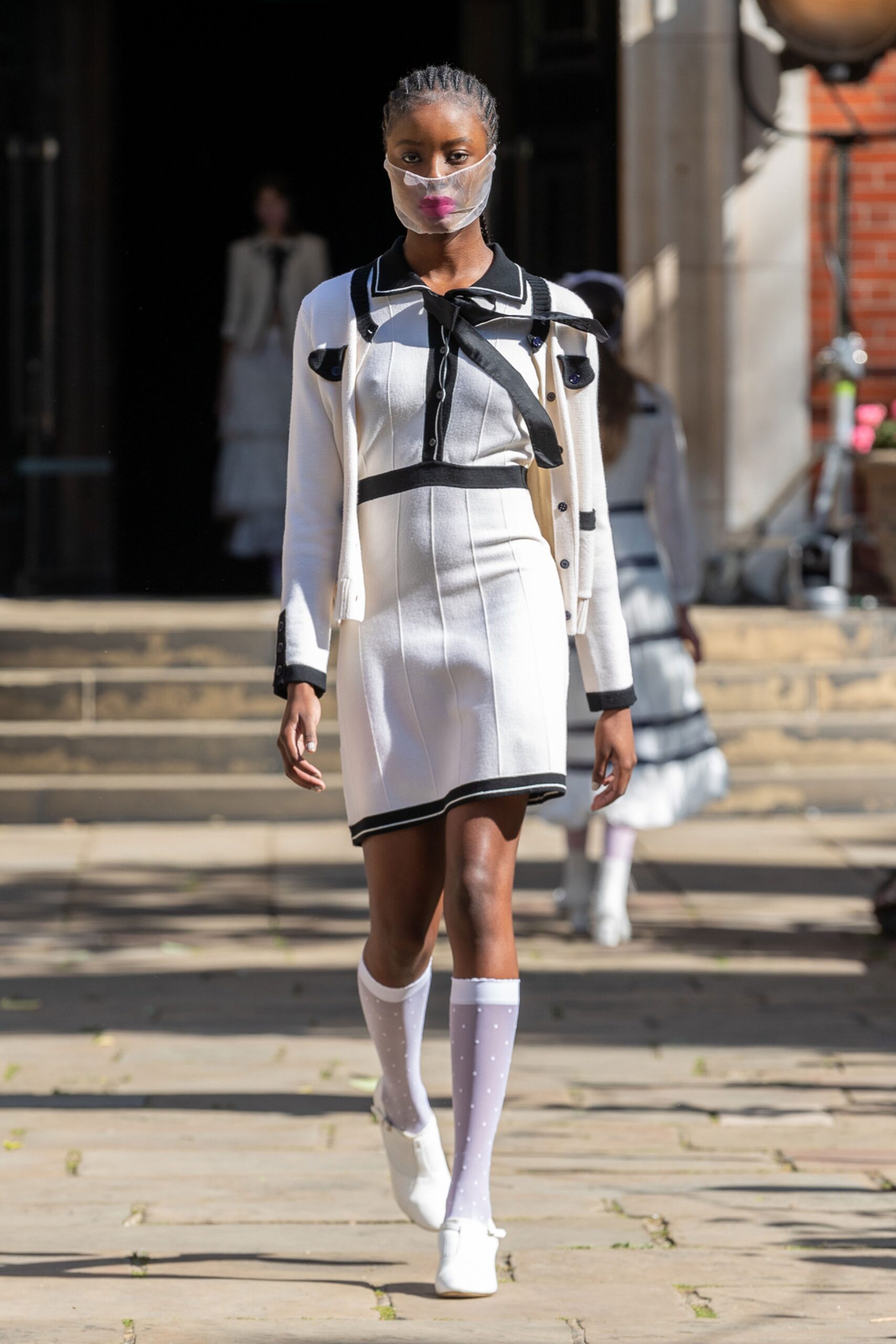 white black trim knit mini-dress