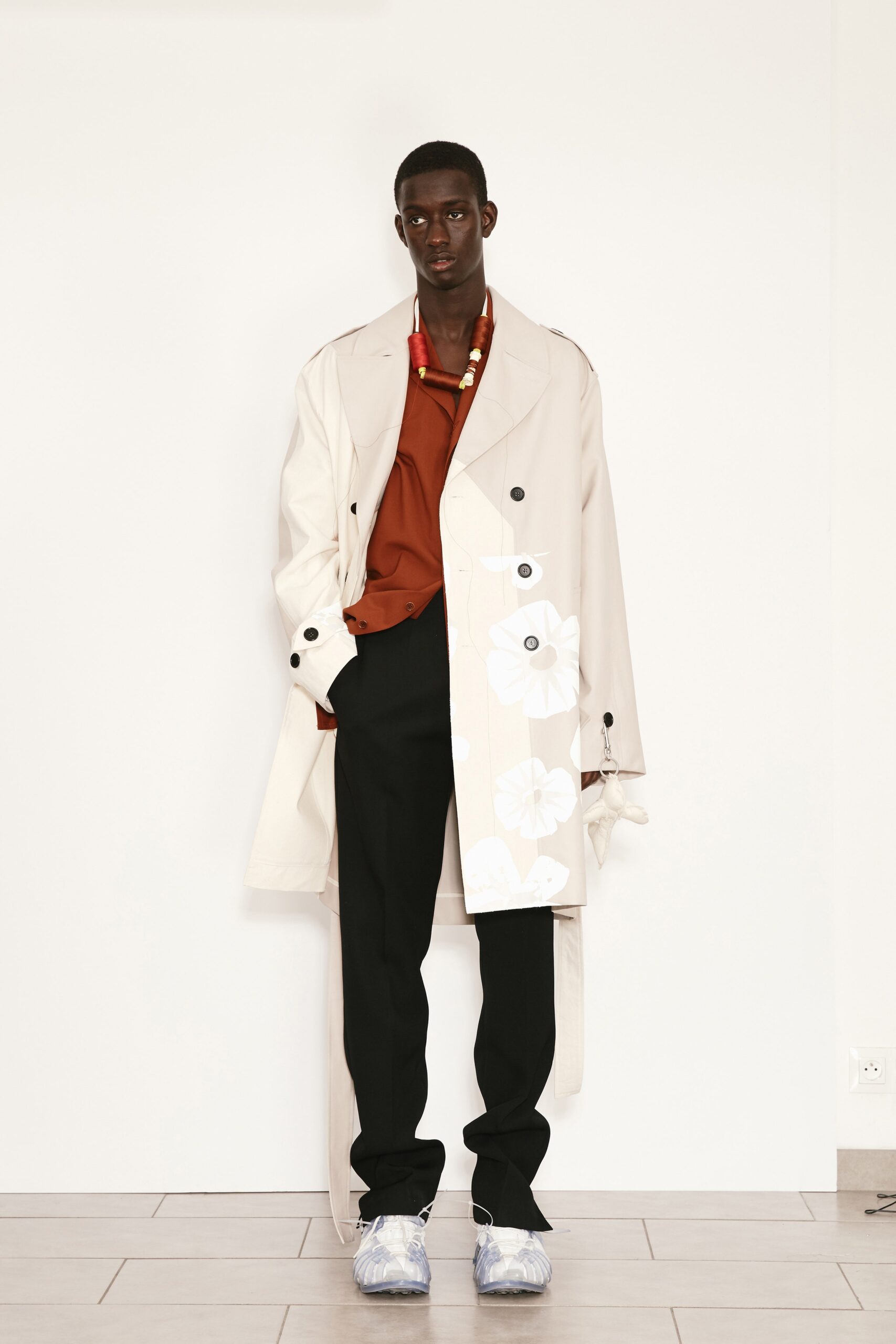 ivory unknown long-sleeve collared oversized floral buttoned trench