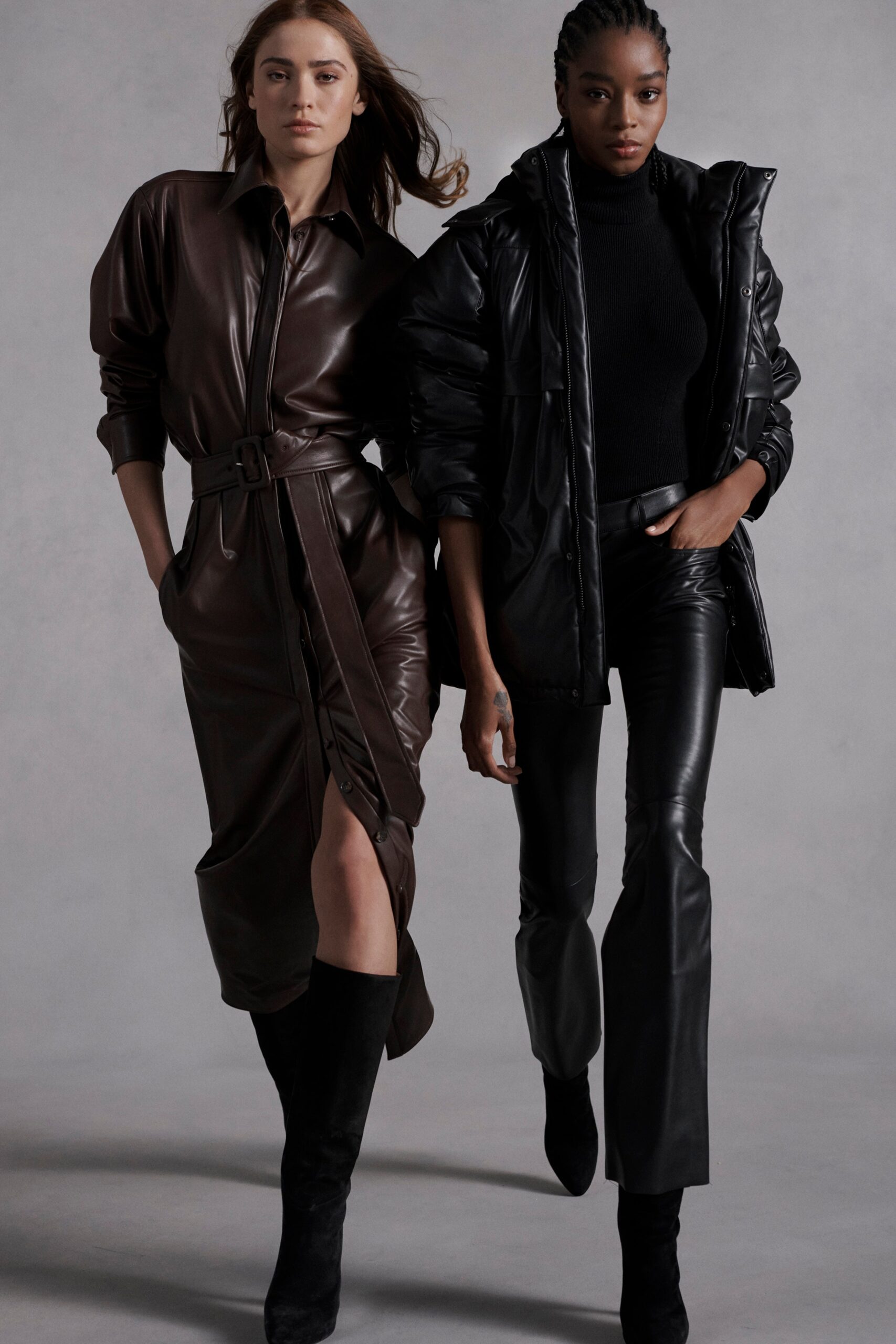 black leather long-sleeve hooded oversized padded shiny parka