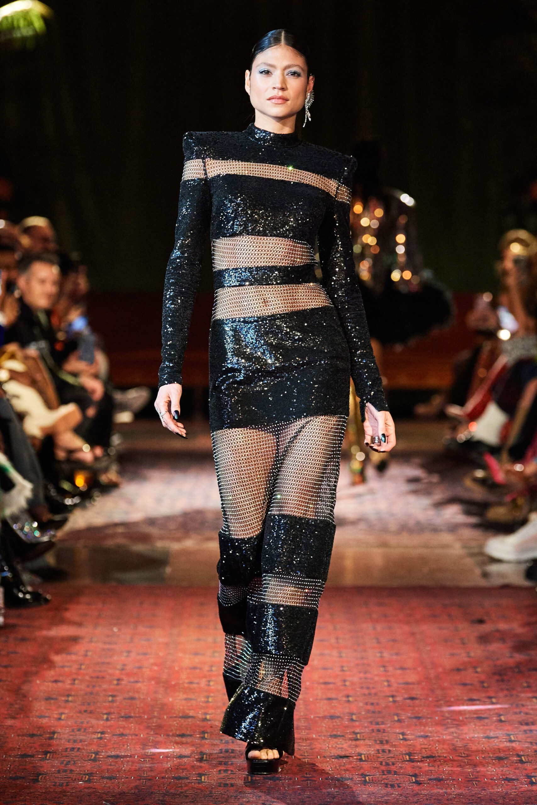 black sequin long-sleeve high-neck fitted striped catsuit