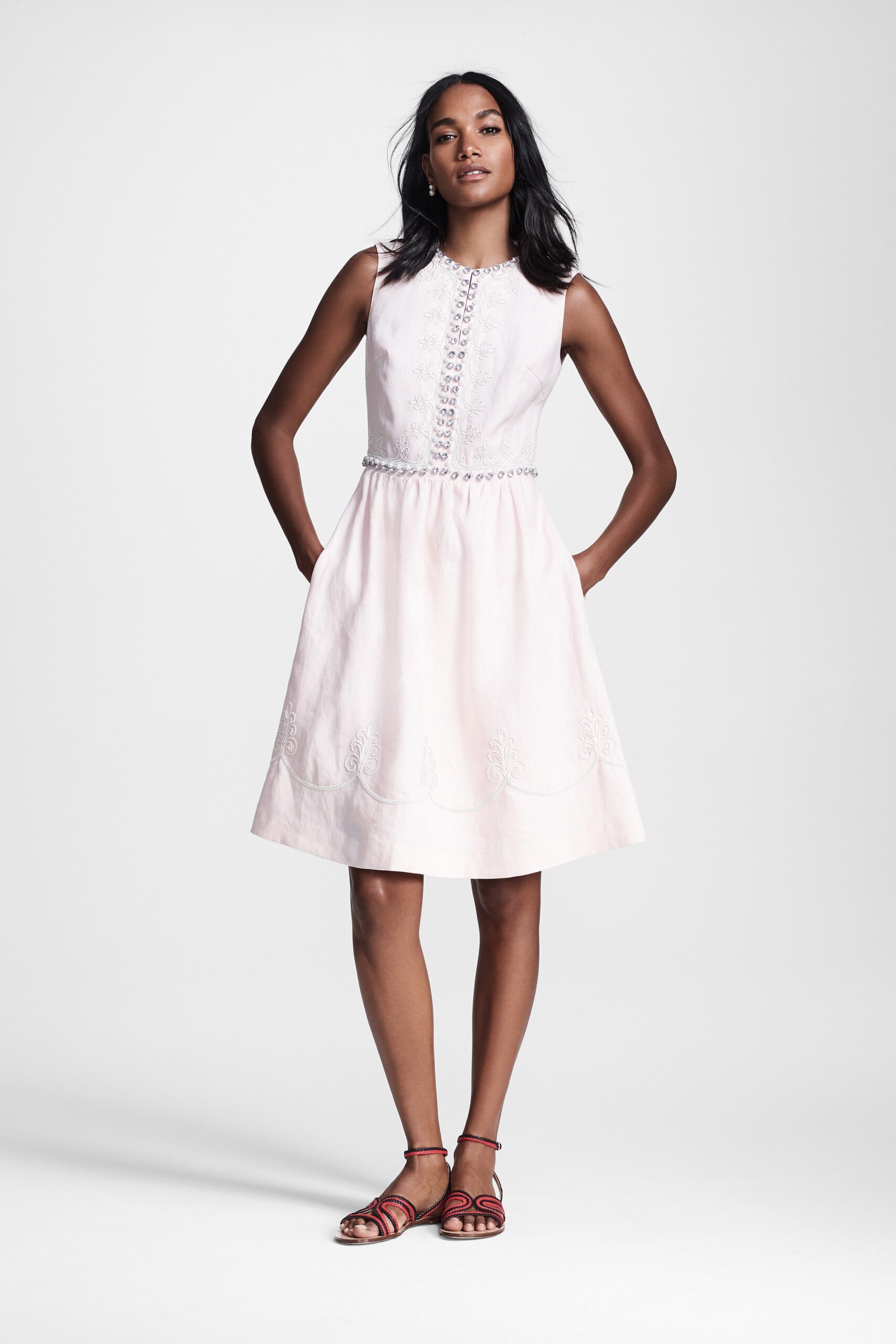 pink embroidered sleeveless dress