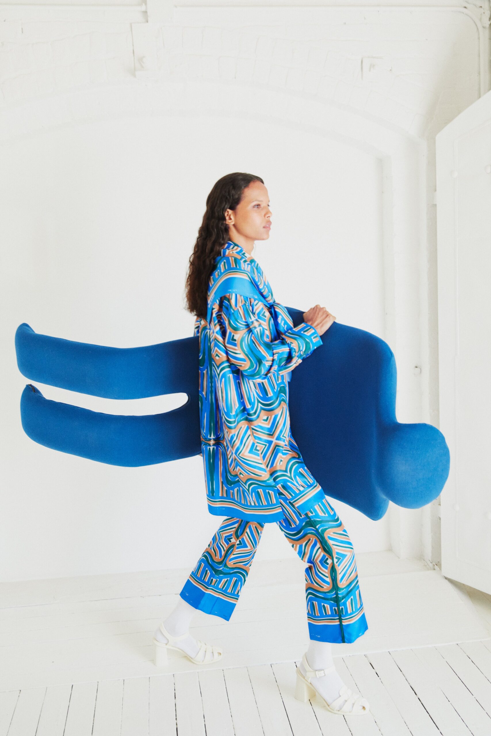 printed silk pajama-style shirt