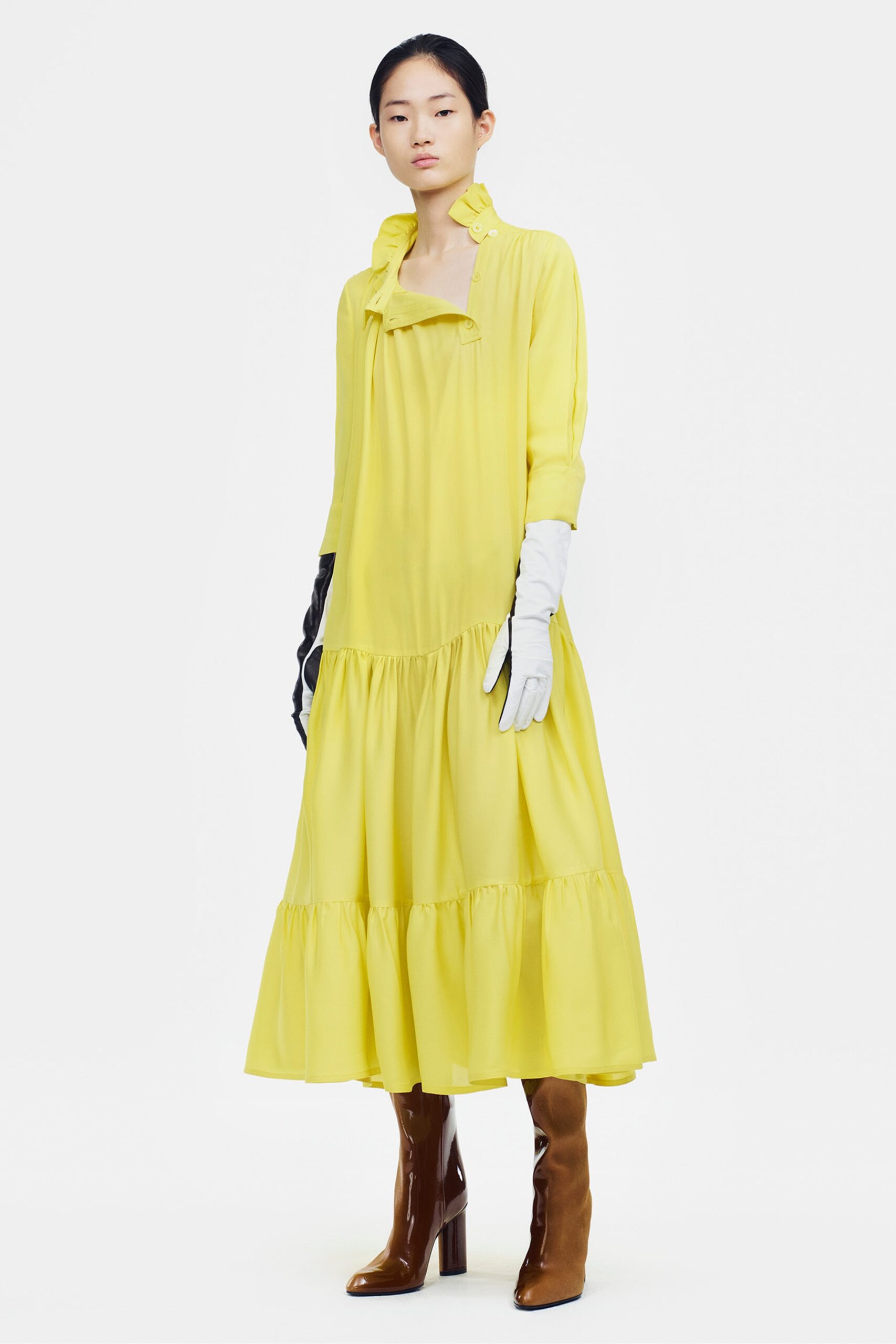yellow crepe long-sleeve high-neck tiered ruffled flowing maxi-dress