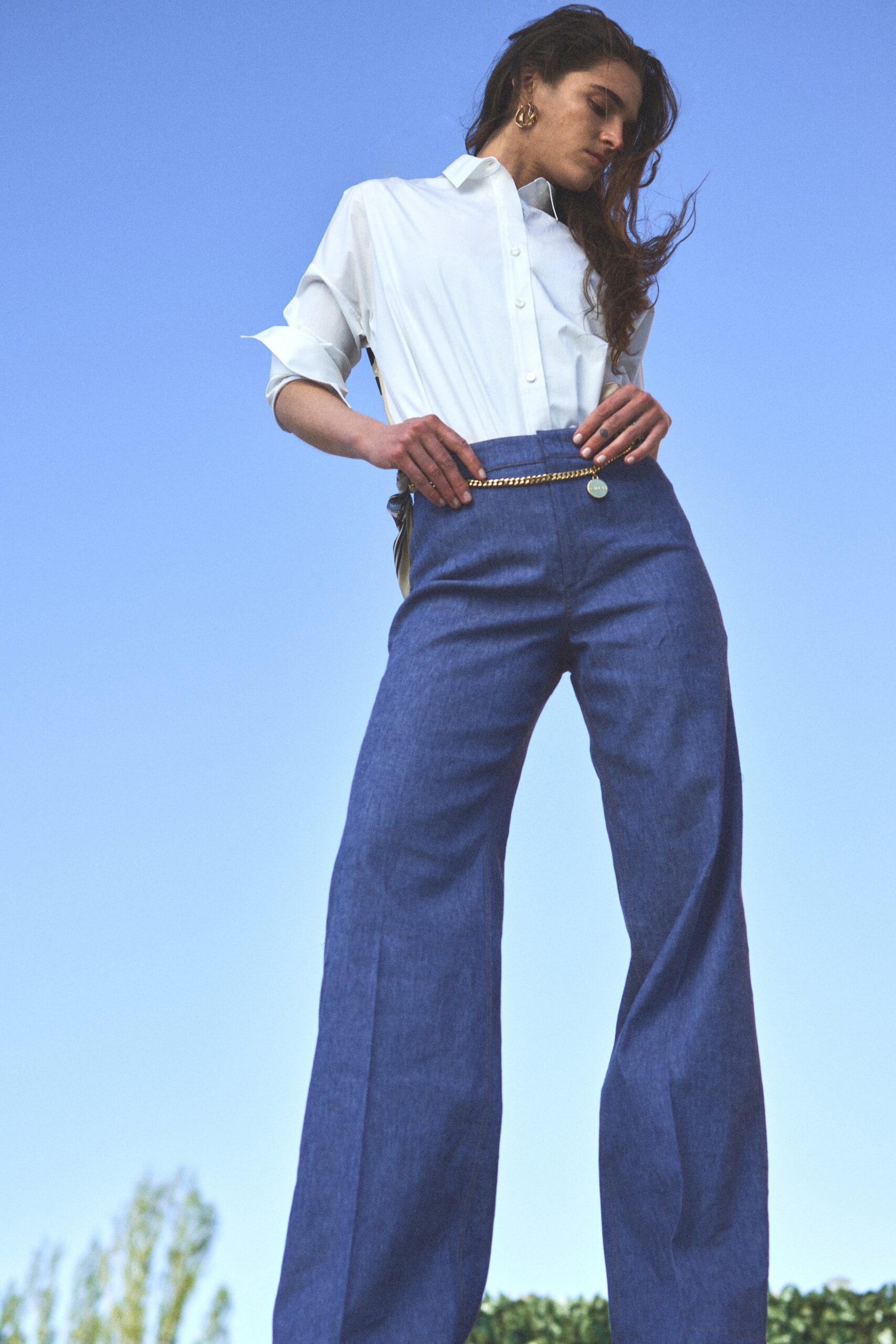 high-waisted wide-leg blue trousers