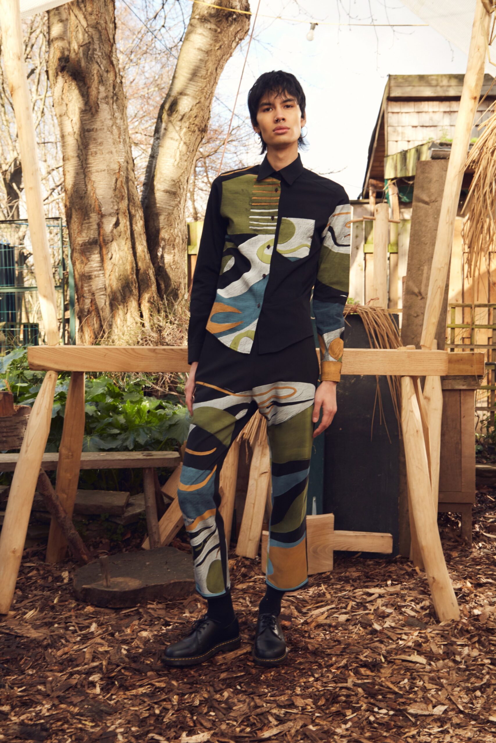 abstract print patchwork shirt