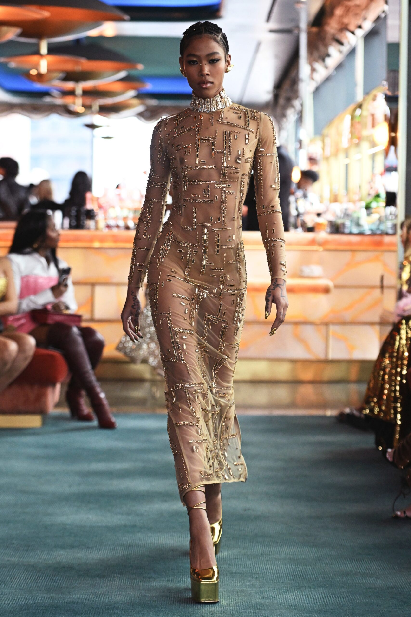 beige mesh long-sleeve high-neck fitted embellished ruched maxi-dress