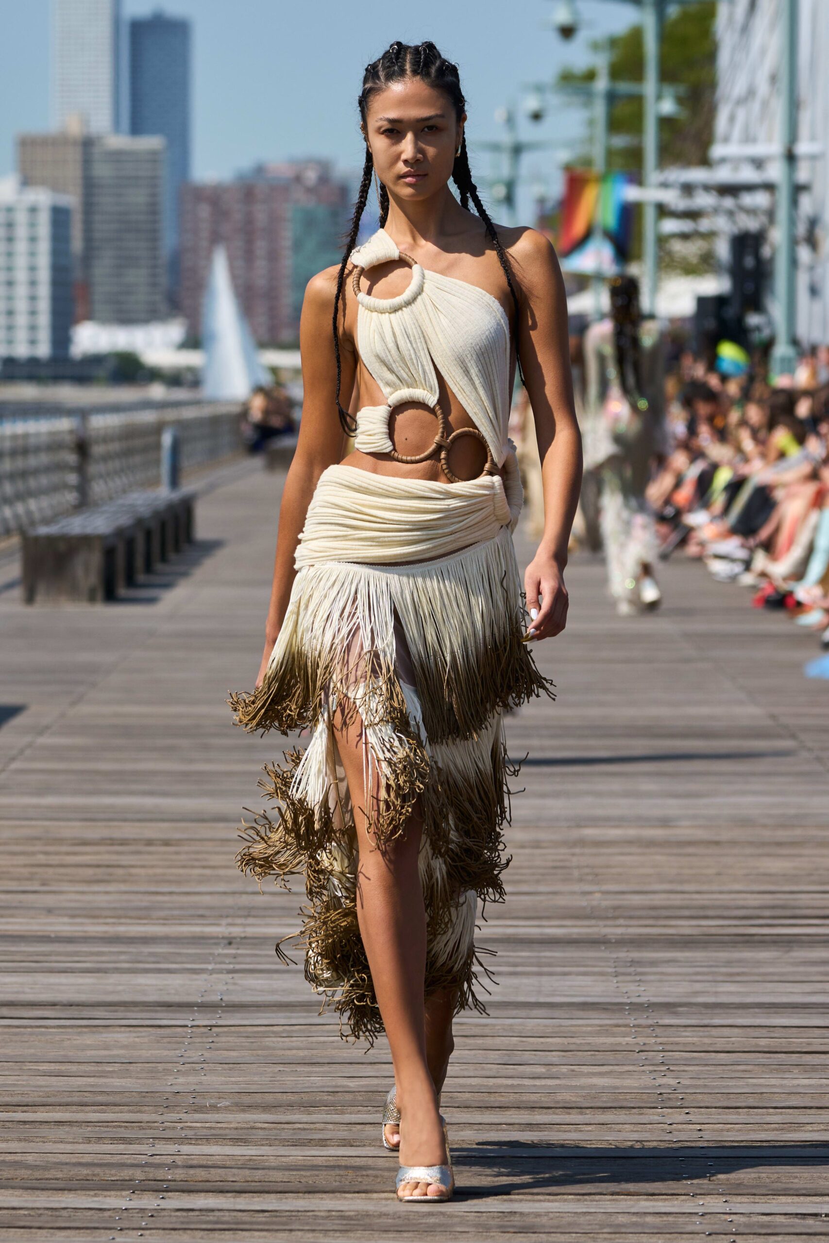 ivory knit asymmetric off-shoulder fitted fringed ruched dress
