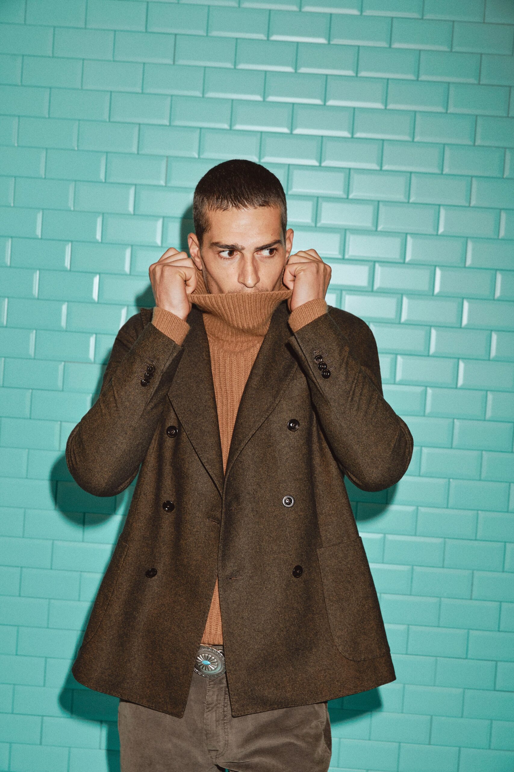 brown double-breasted wool blazer