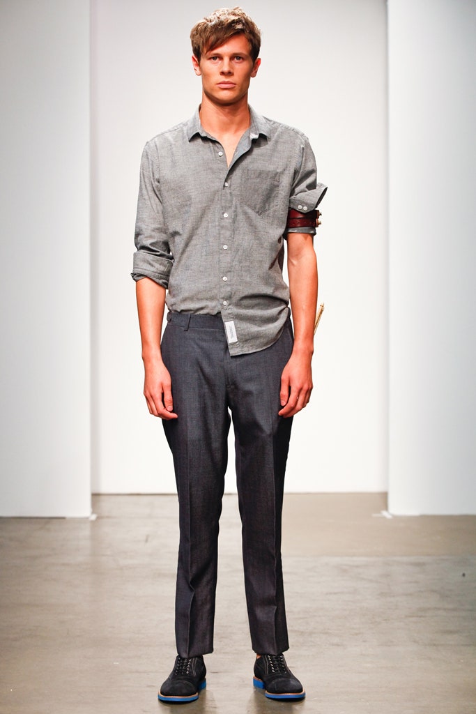 gray button-front collared shirt