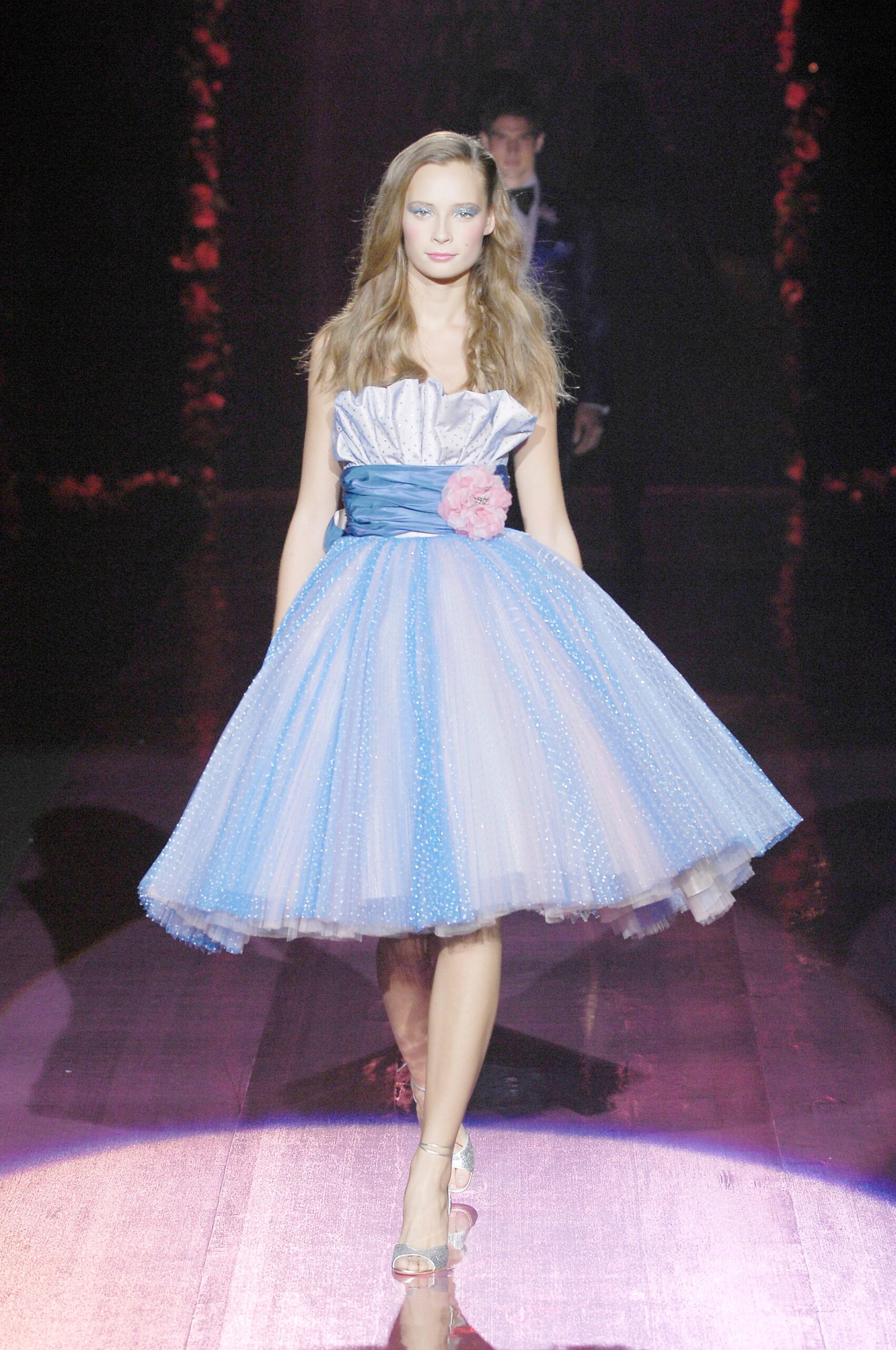blue tulle strapless floral ruched sheer textured dress