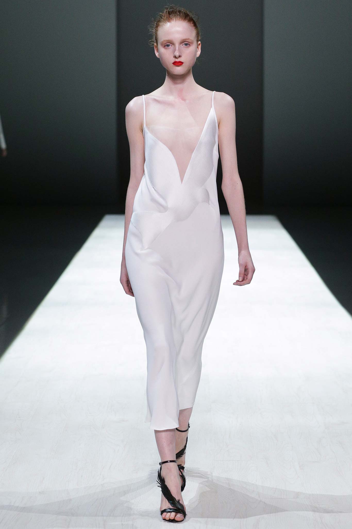 white chiffon spaghetti-strap low-cut draped sheer flowing maxi-dress