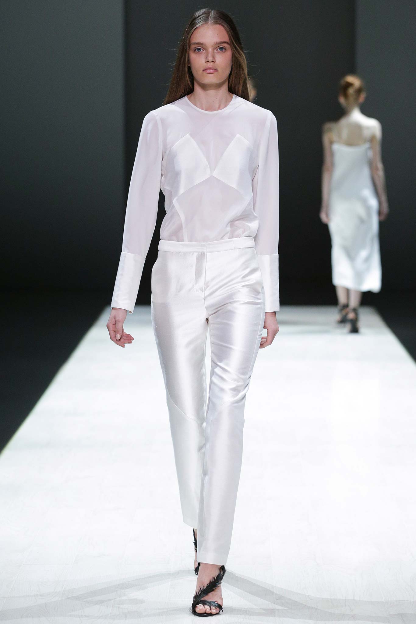 white chiffon long-sleeve high-neck panelled sheer flowing blouse