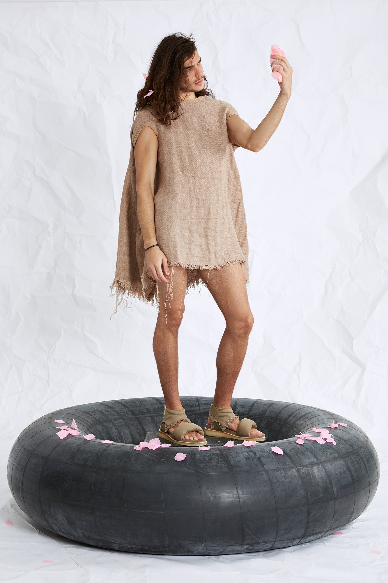 beige fringed knit mini-dress