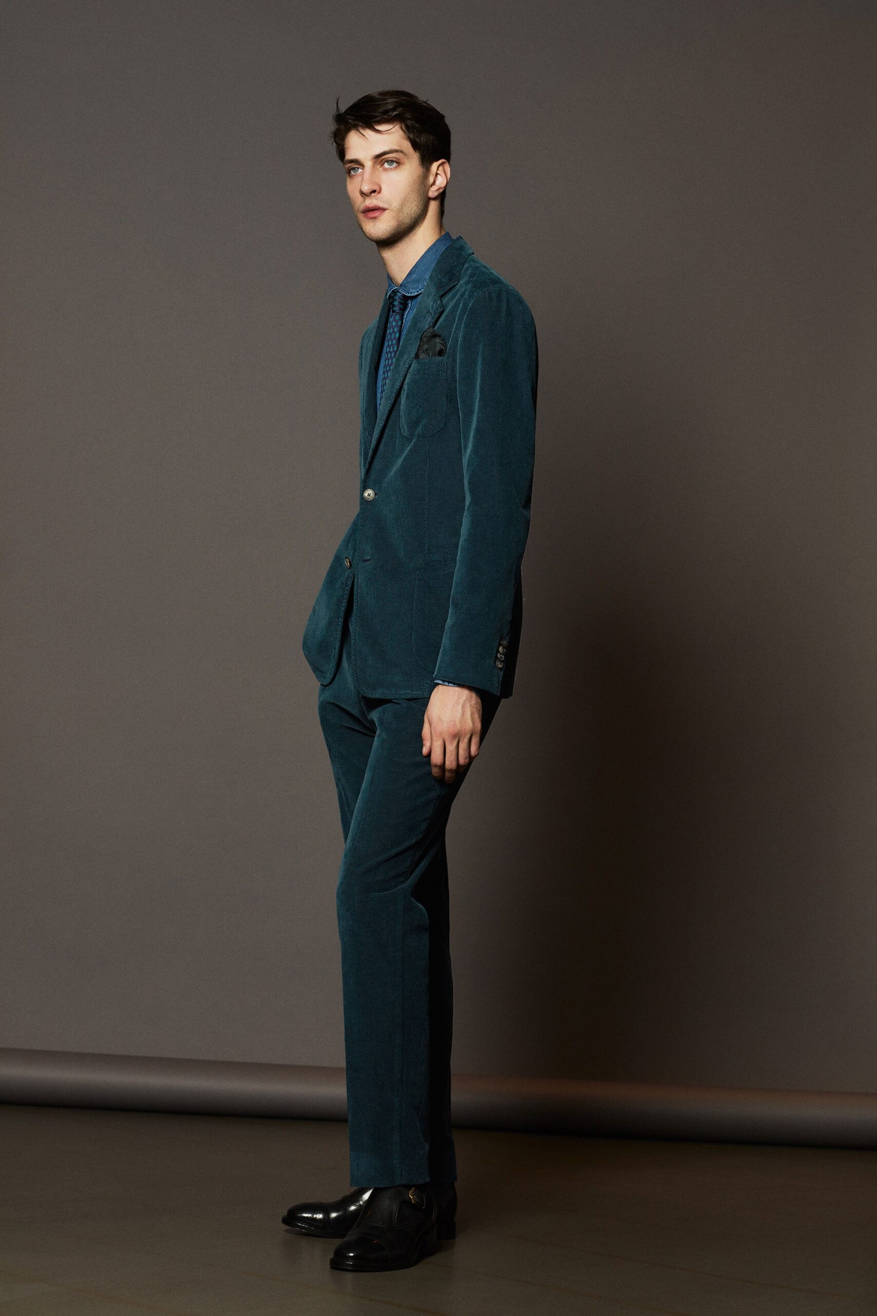 teal velvet tailored straight-leg textured pants