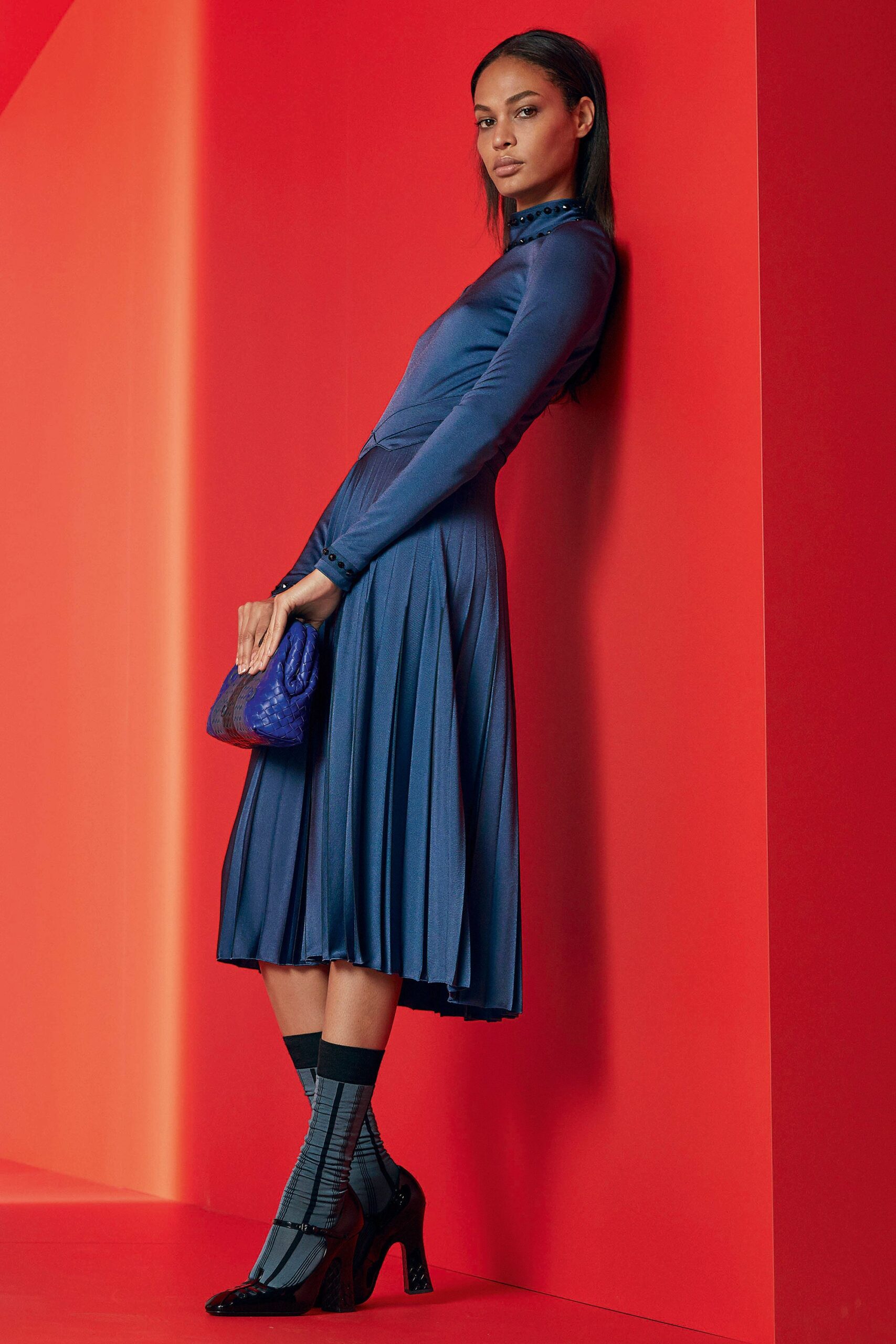 blue jersey long-sleeve high-neck fitted pleated flowing midi-dress