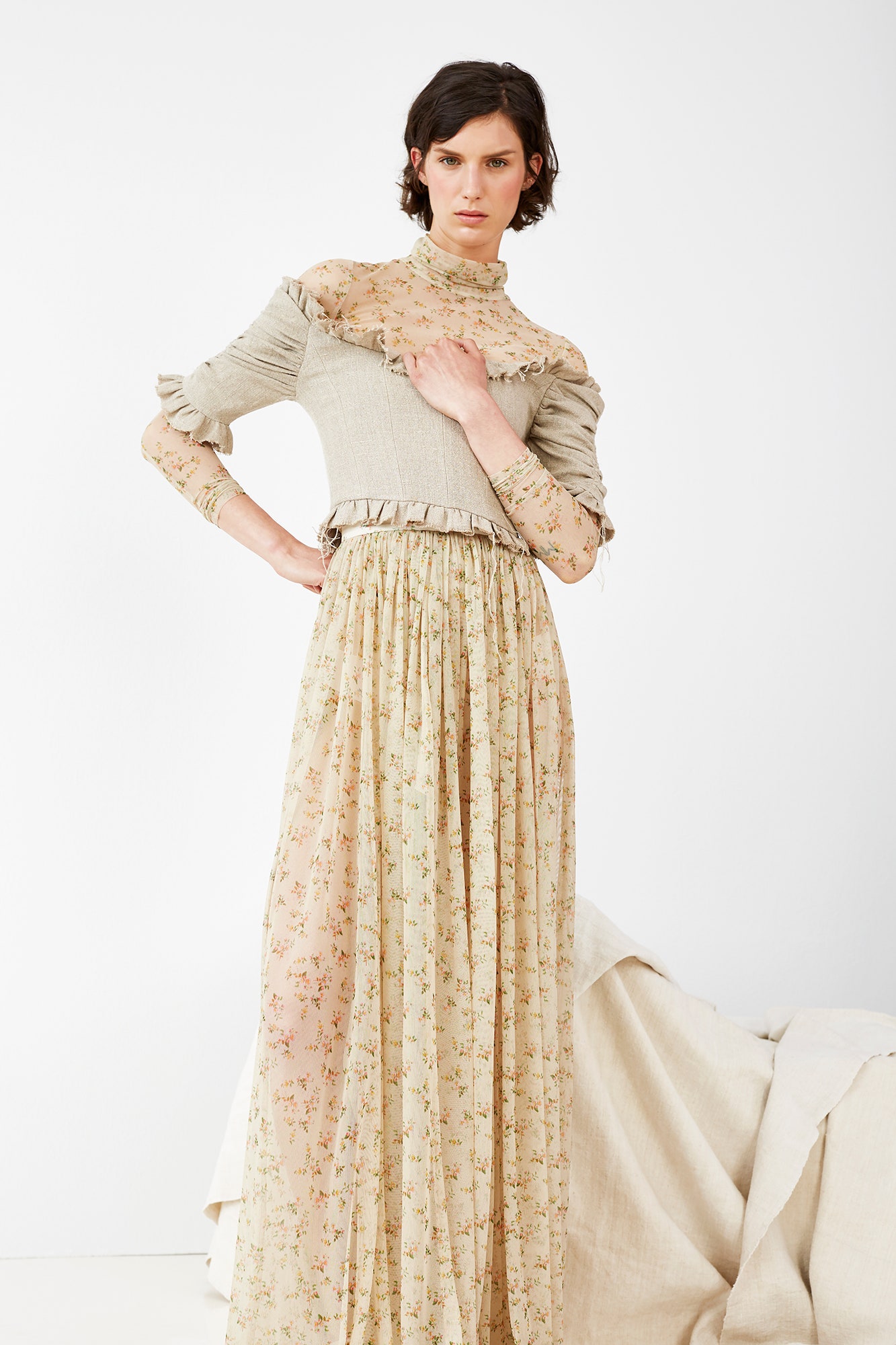 ivory chiffon long-sleeve high-neck floral pleated maxi-dress