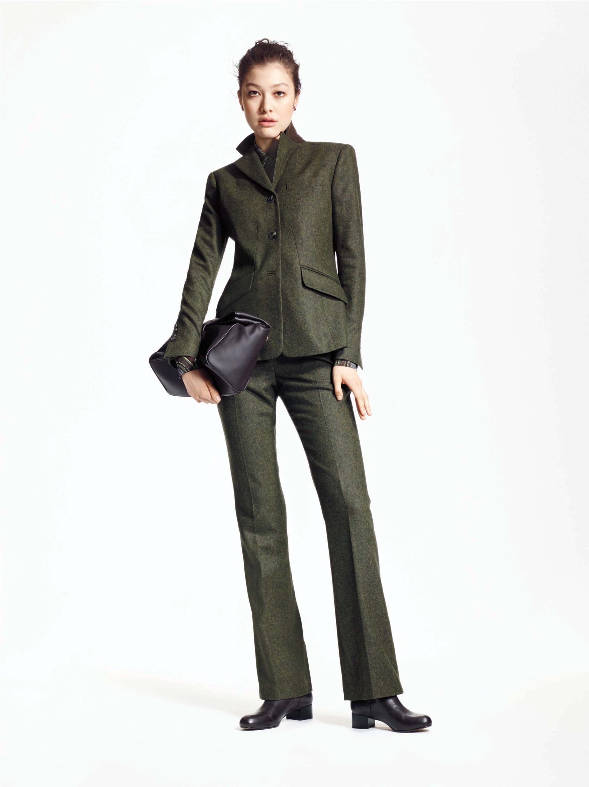 green wool long-sleeve collared tailored buttoned pockets blazer