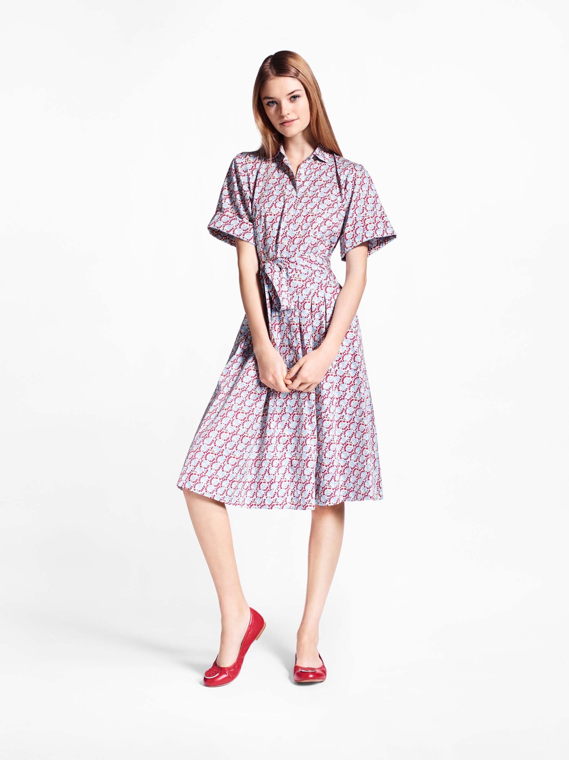 printed collared belted midi dress