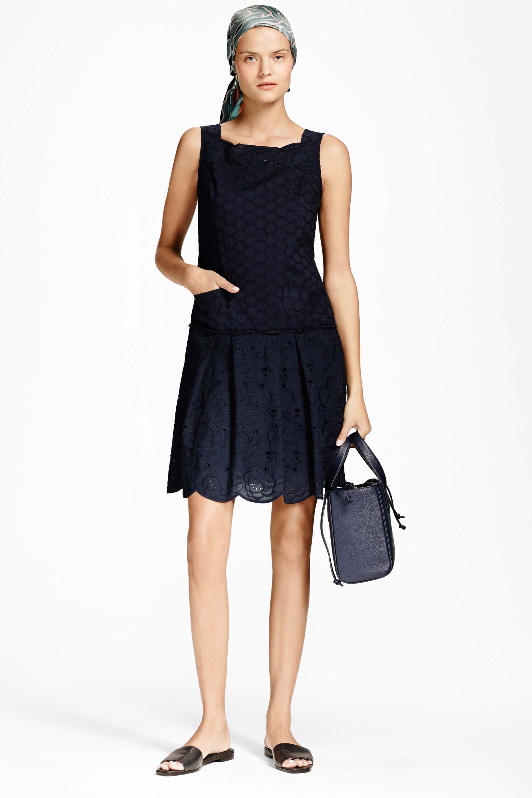 embroidered black drop-waist mini dress