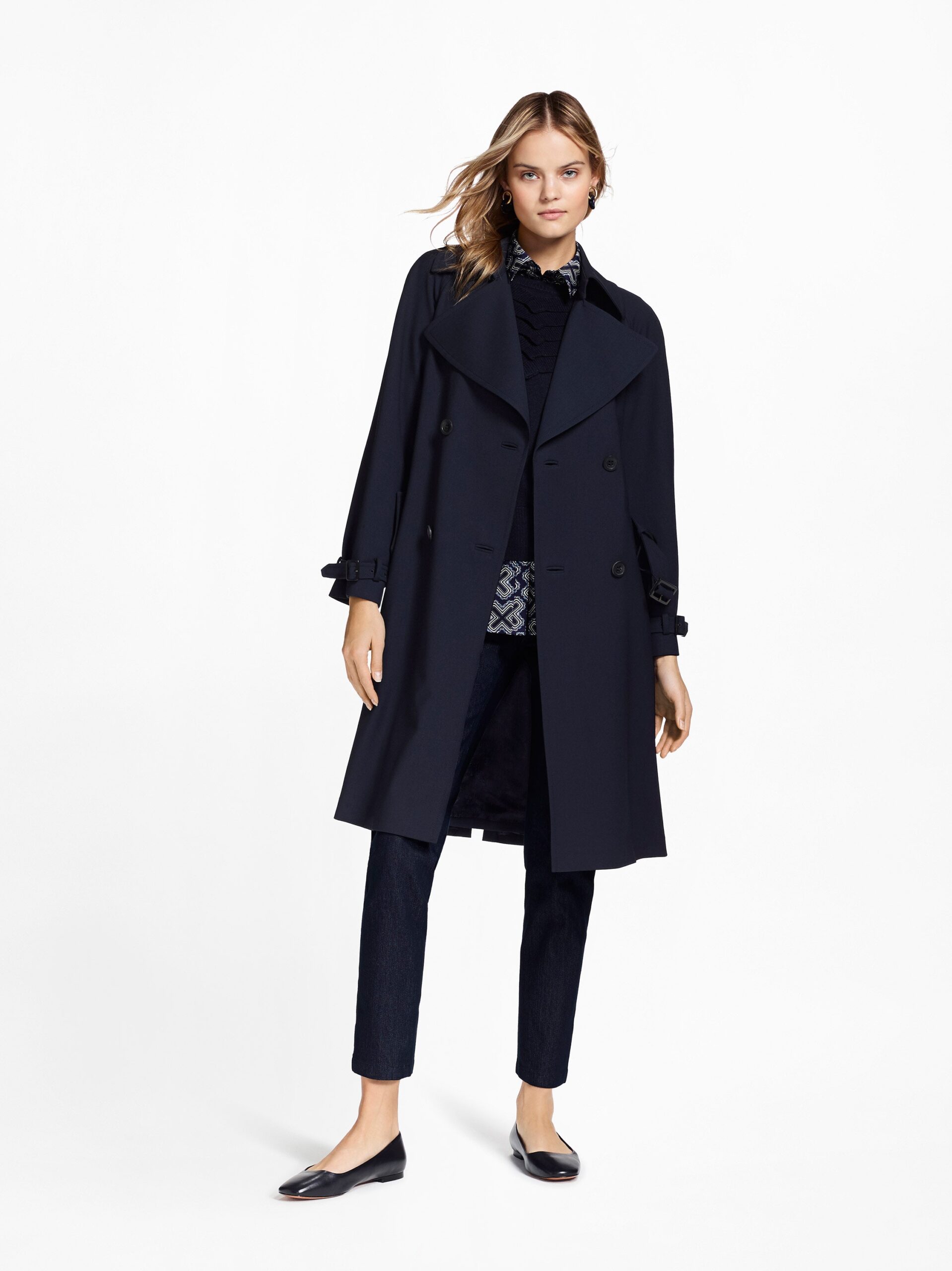 navy double-breasted trench coat