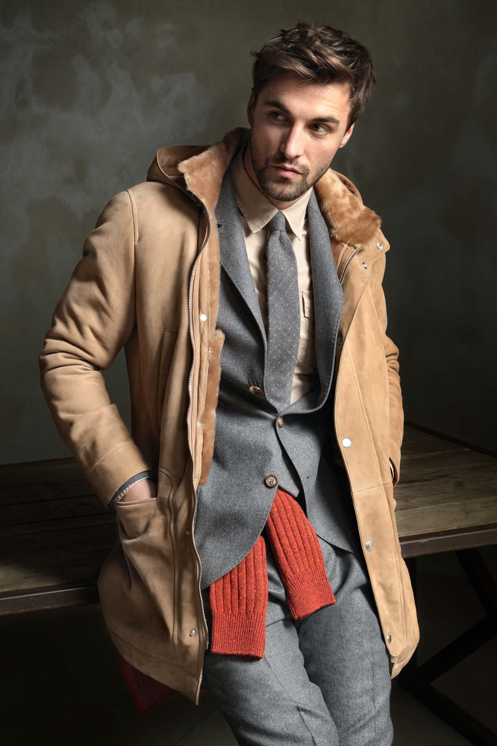 beige suede long-sleeve hooded relaxed zippered fur-trimmed parka