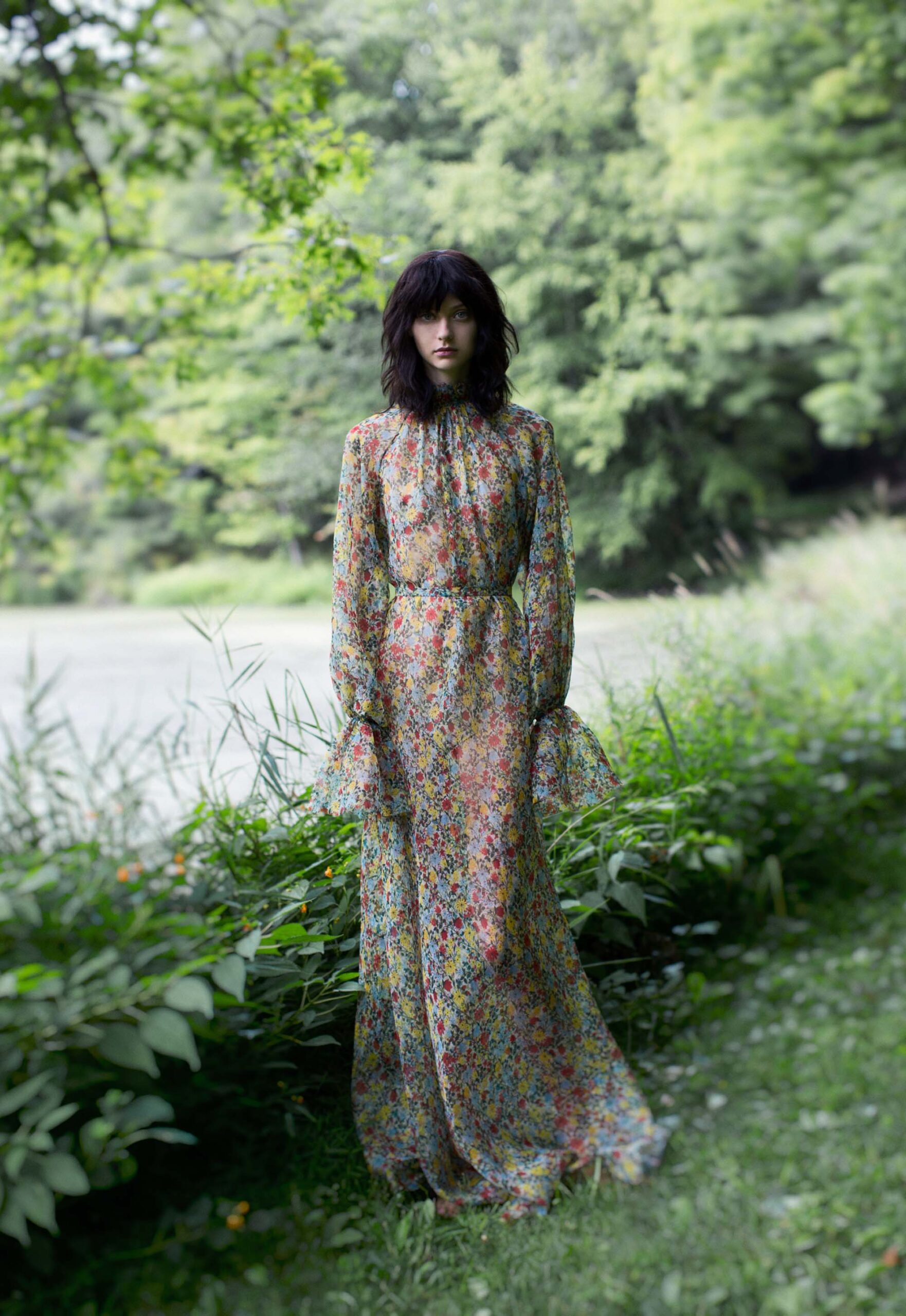 multi chiffon long-sleeve high-neck floral belted maxi-dress