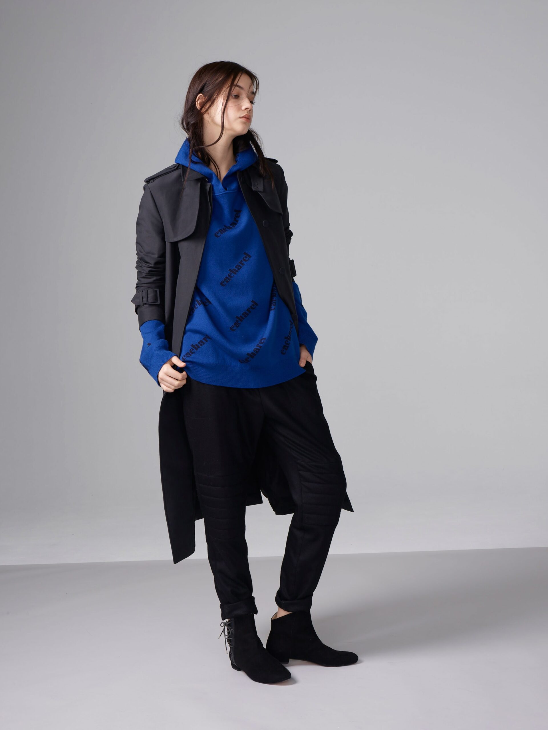 black unknown long-sleeve collared tailored buckled maxi trench