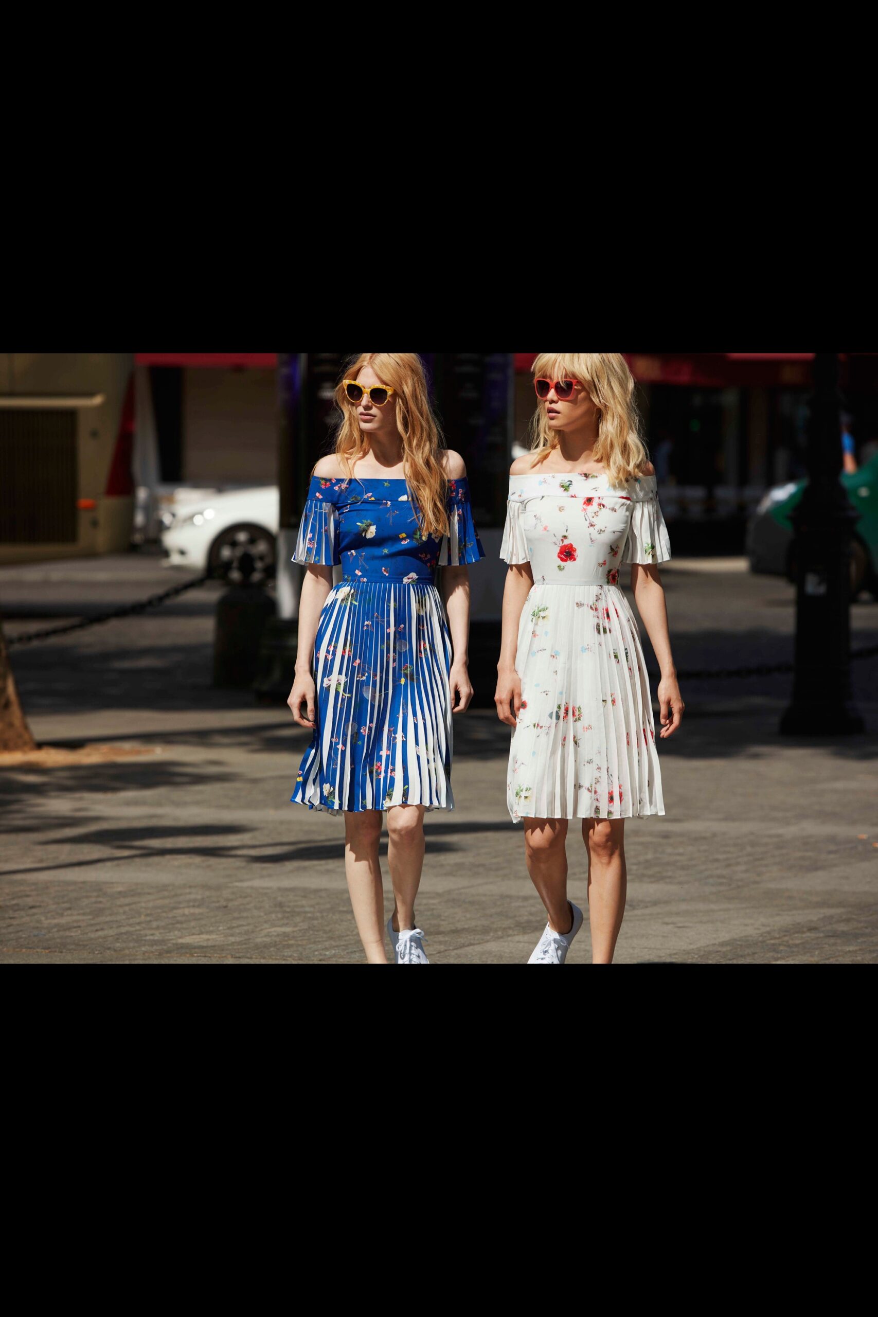 off-shoulder pleated floral chiffon dress