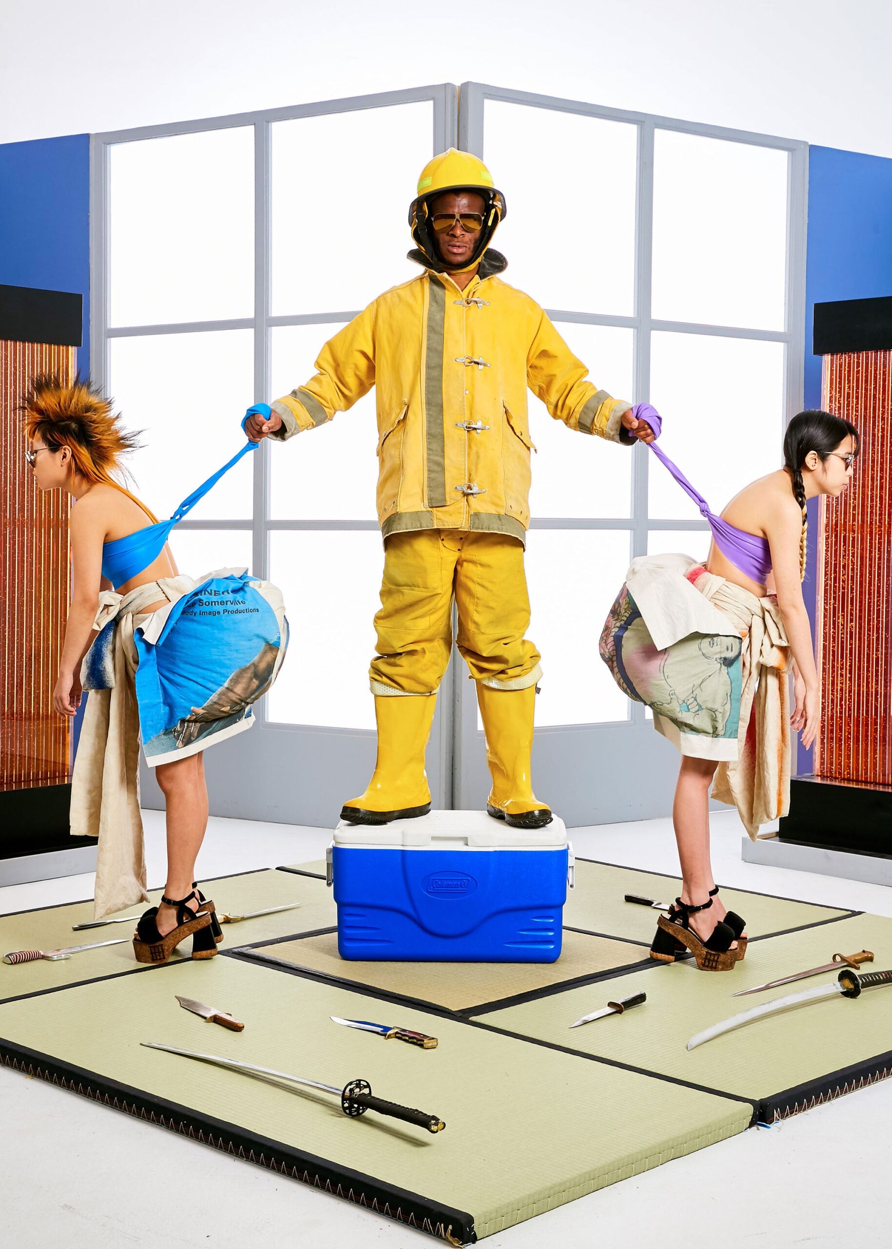 yellow hooded utility jacket