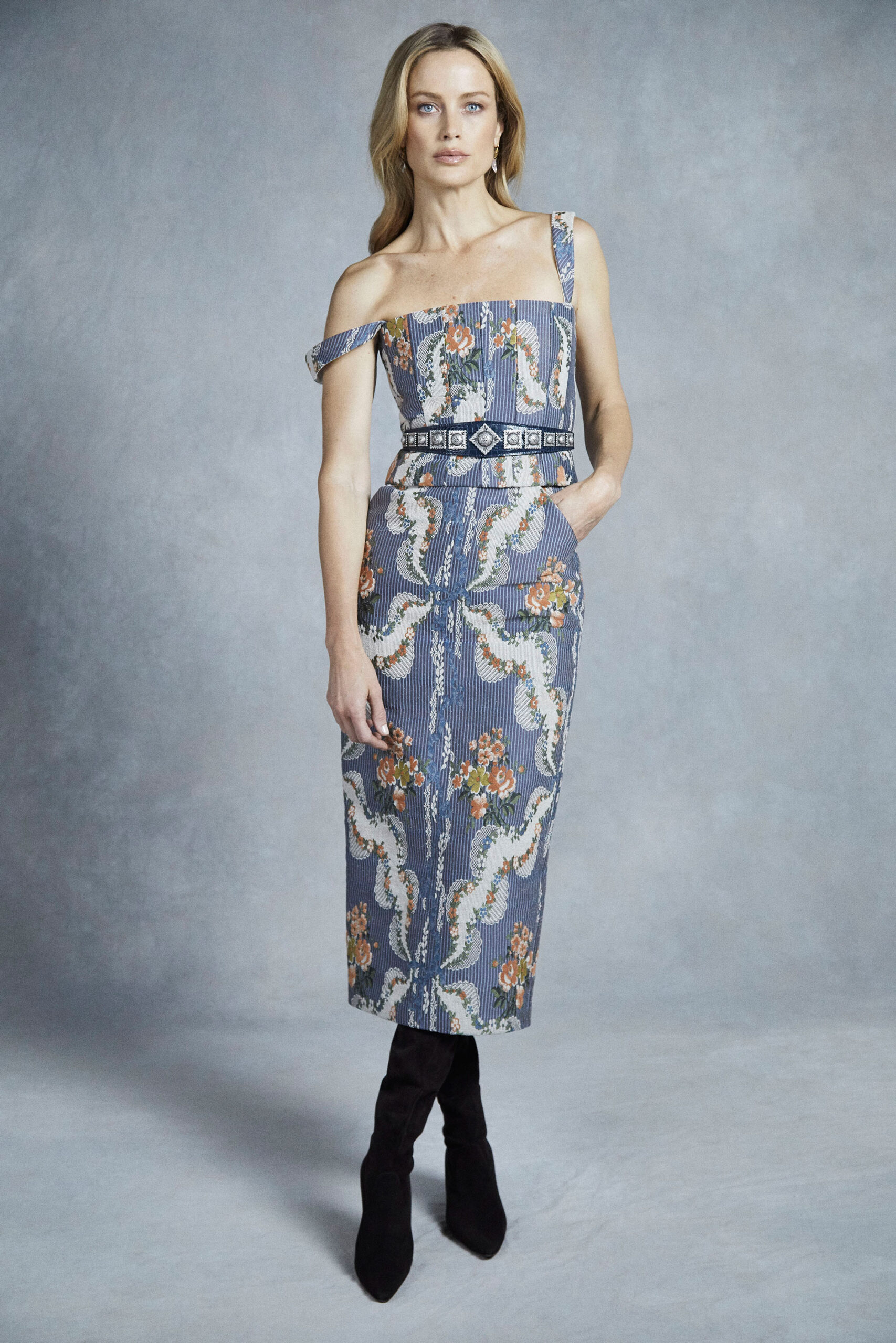 blue floral off-shoulder midi-dress