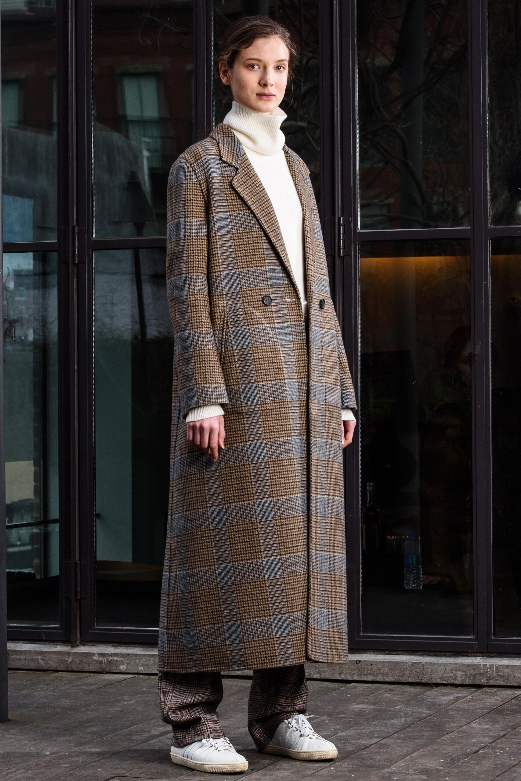 brown checked wool maxi coat