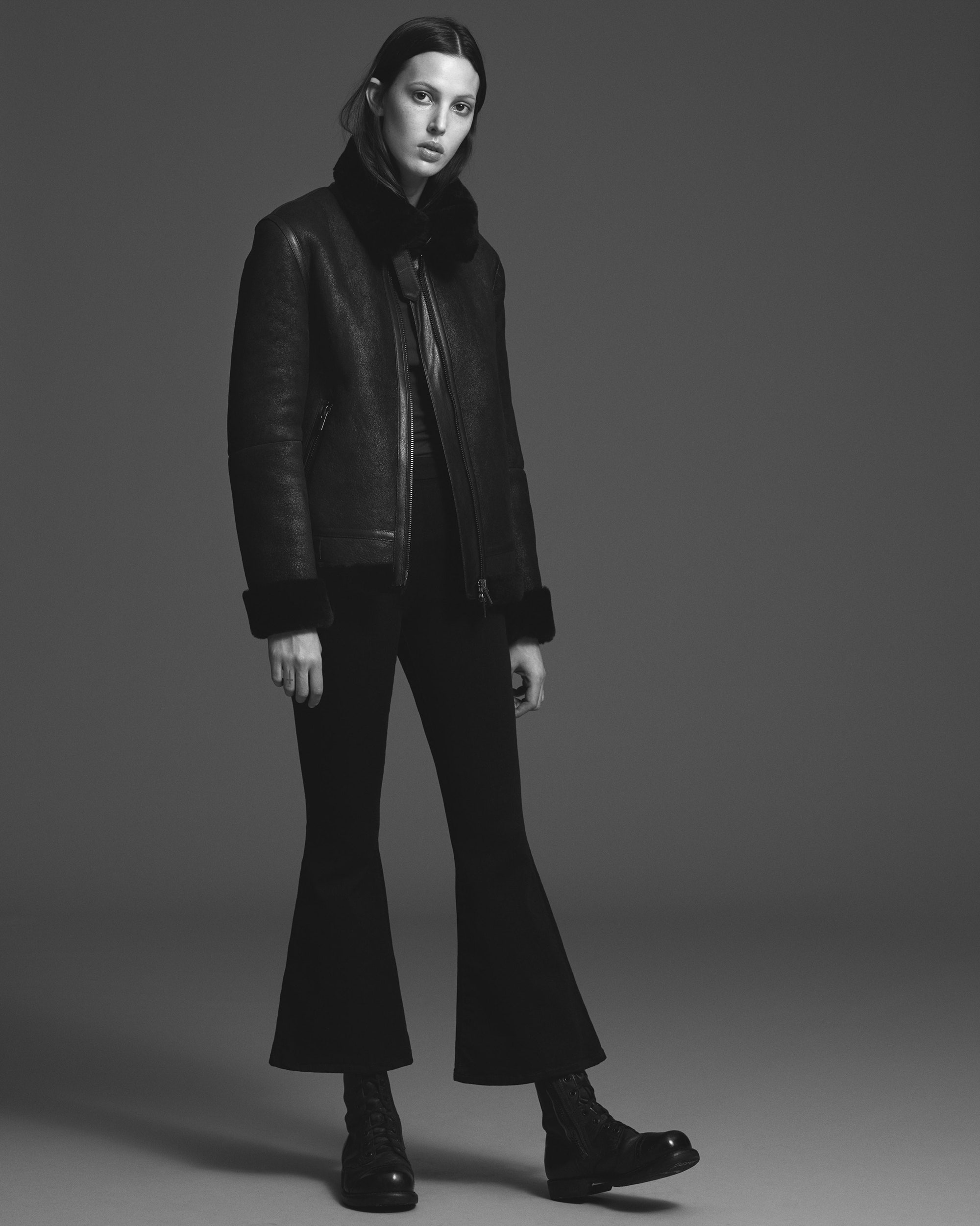 black leather long-sleeve high-neck structured zippered fur-trimmed jacket