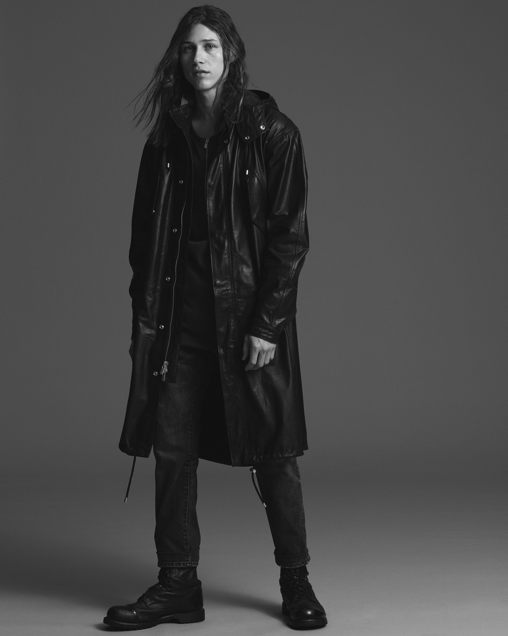 black leather long-sleeve hooded oversized zippered pockets parka