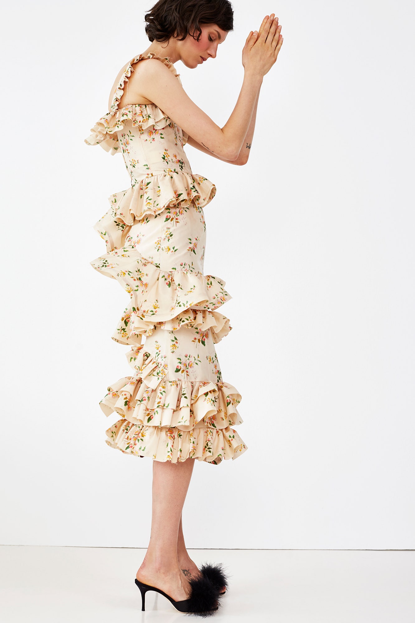 beige satin sleeveless spaghetti-strap fitted floral ruffled maxi-dress