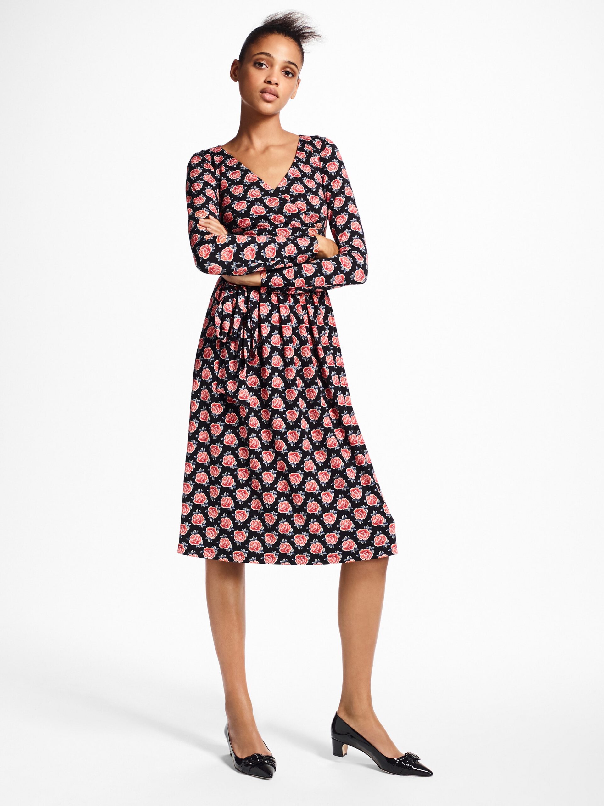 black unknown long-sleeve v-neck fitted floral belted midi-dress