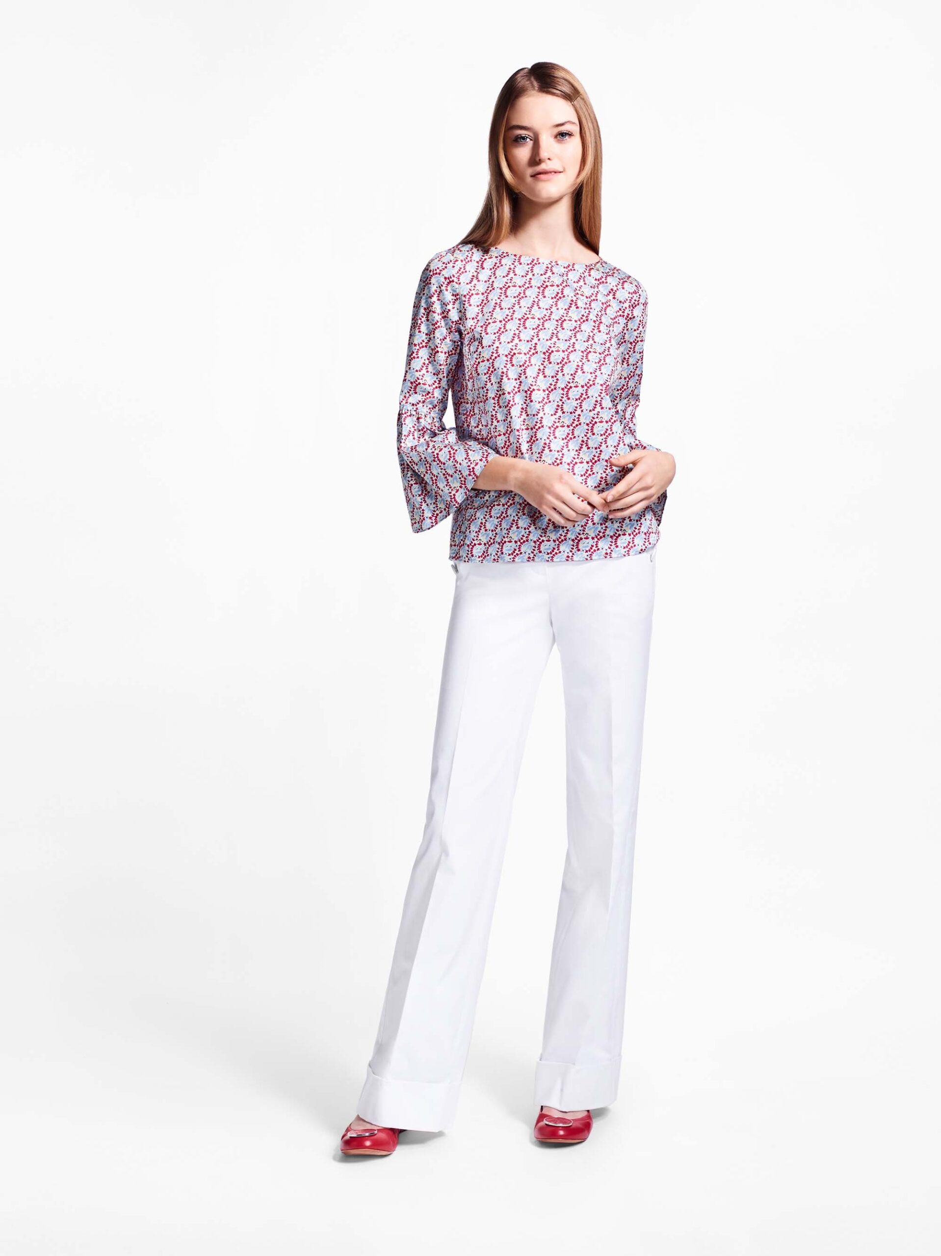 printed boat-neck bell-sleeve top