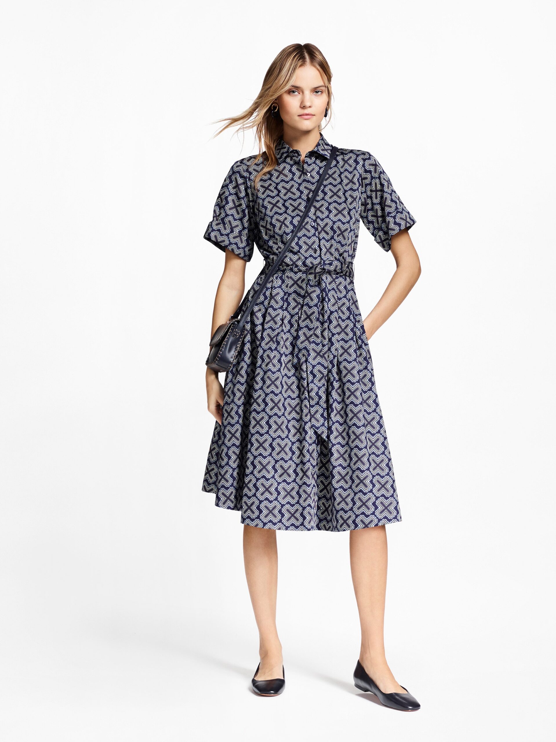 printed collared belted midi dress